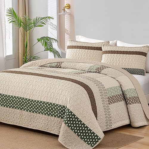 Miniatura 22 de WONGS BEDDING Juego de edredón Boho tamaño Queen, juegos de colcha a rayas bohemio de 3 piezas, juego de ropa de cama acolchada en verde caqui,