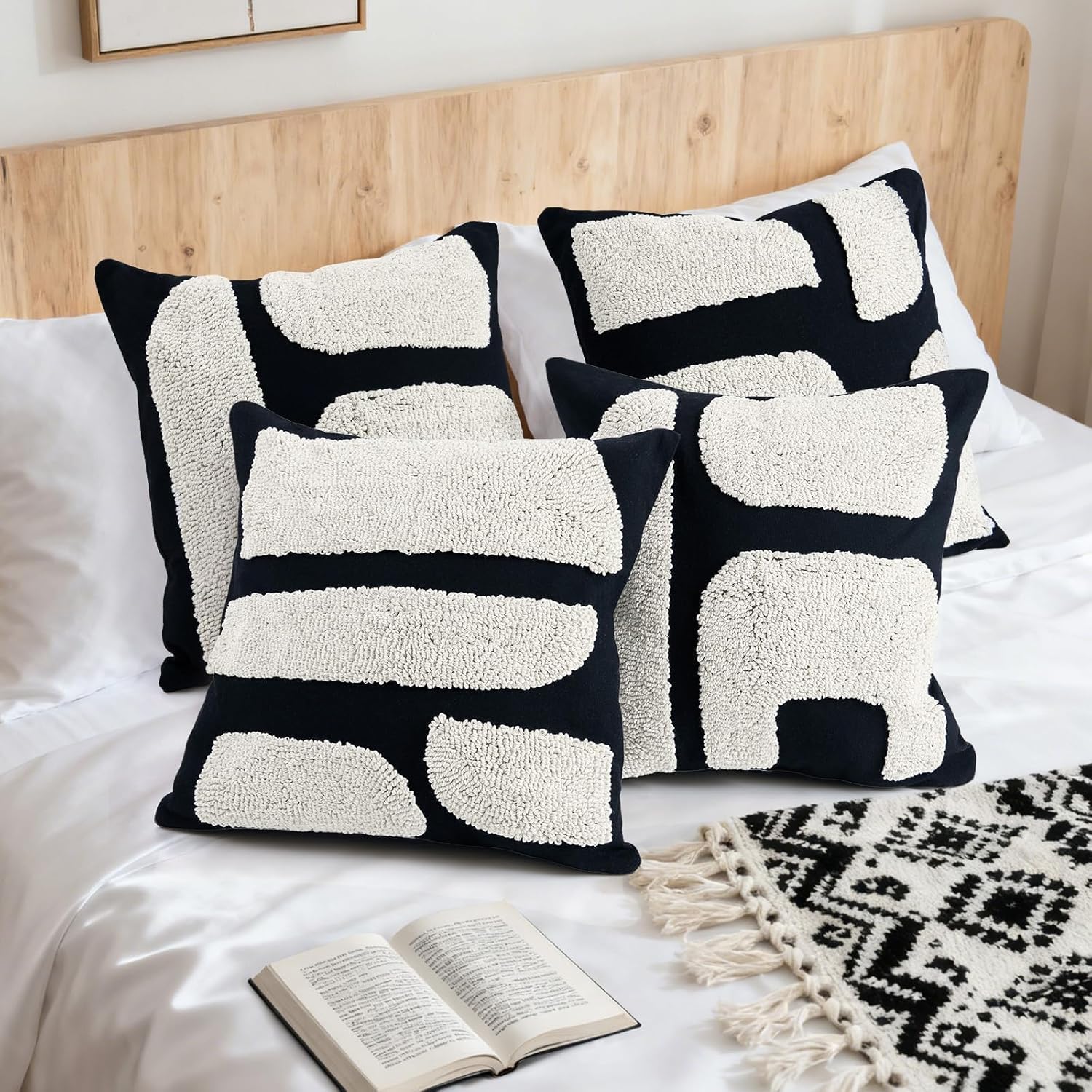 LandIdyll 4 Pcs Black and Cream Chunky Tufted Pillow Covers 18 x 18 Inch Boho Black and White Throw Pillow Covers Set Decorative Modern Abstract Geometric Pillowcase for Living Room Bed Couch Sofa