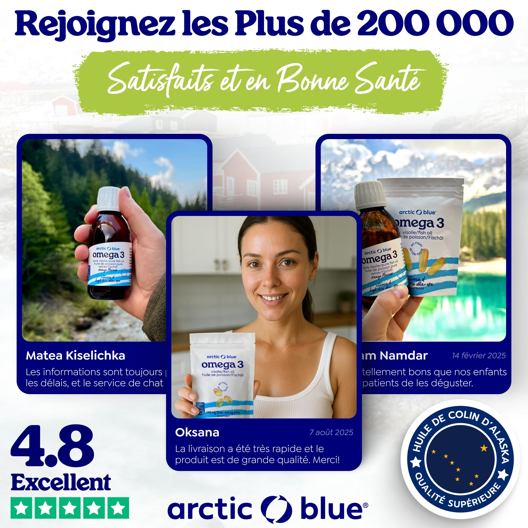 Arctic Blue Oméga-3 Huile de Poisson 60 Capsules — 550mg de DHA + 275mg d’EPA + 10µg de Vitamine D3 par Capsule — Huile de Colin d’Alaska MSC, Forme Triglycéride, Pureté Maximale, Sans Goût de Poisson