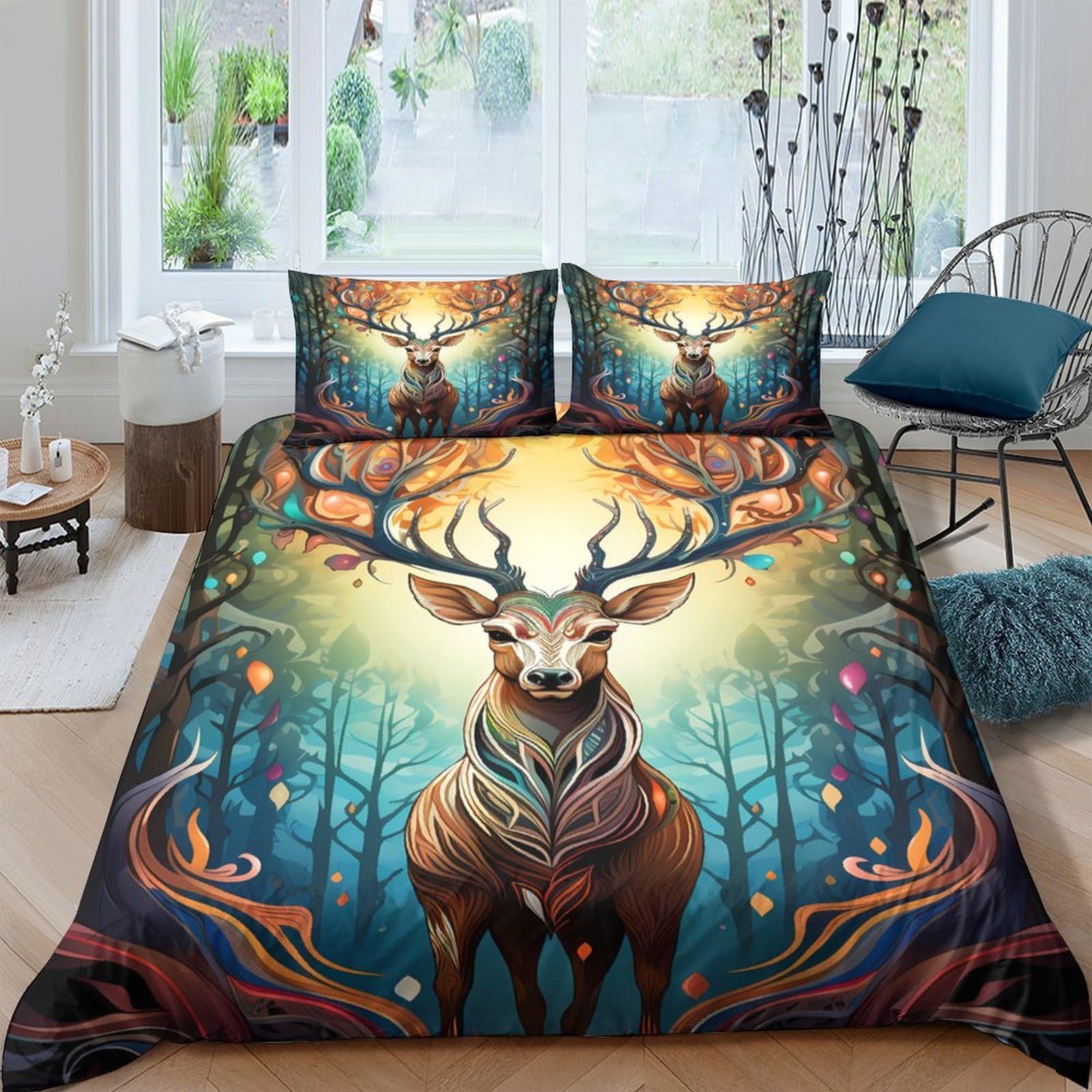 GPLZQXKJNH 3D Printed Forest Deer Duvet Cover Microfiber Soft Breathable Antler Woodland Bedding Set with 2 Pillowcases for Bedroom Decor Single（135x200cm）
