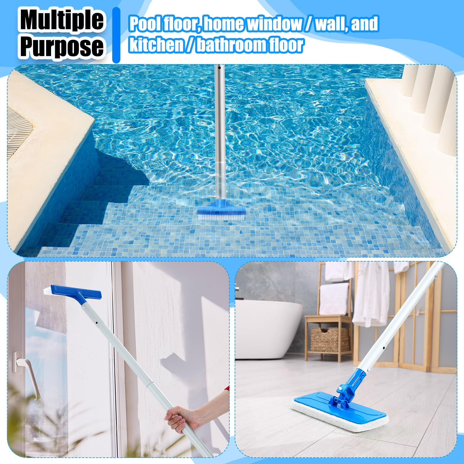 Tioncy Kit de nettoyage de piscine 4 pièces comprenant une tête de brosse de piscine de 30 cm avec manche en aluminium de 119,4 cm, une brosse à récurer à la main et des éponges à récurer pour spa
