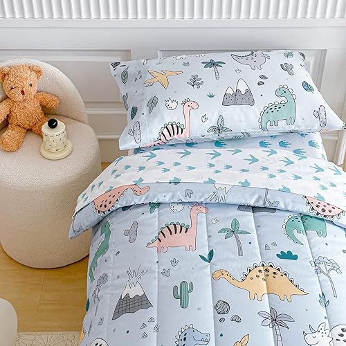 Miniatura 2 de Joyreap Juego de ropa de cama de 4 piezas lindo dinosaurio sobre azul claro edredón de microfibra ultra suave para niños y niñas incluye edredón