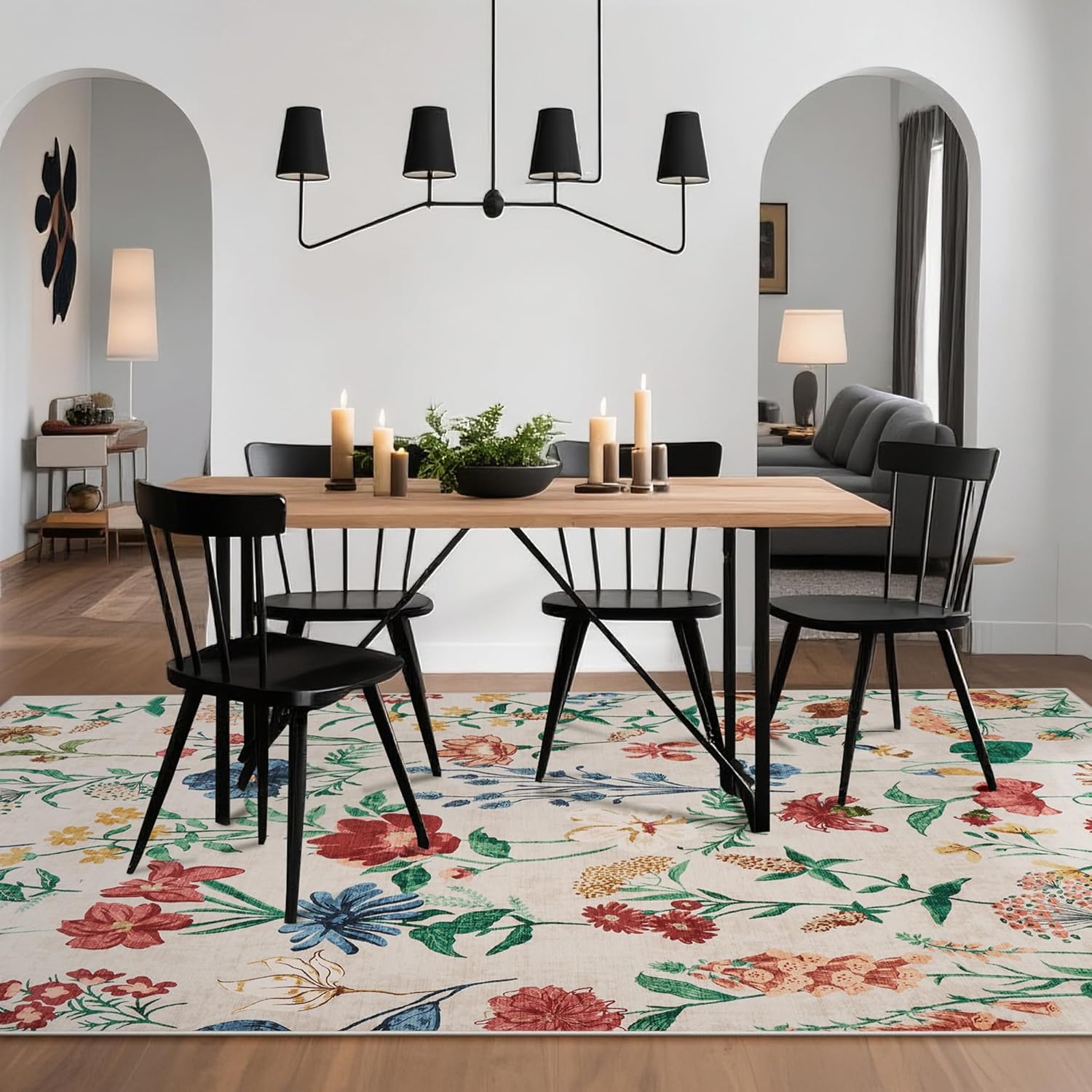GarveeHome 8x10 Area Rug for Living Room, Floral Washable Rugs Low Pile, Soft Non Slip Vintage Carpet for Bedroom, Kitchen, Dining Room, Office, Beige
