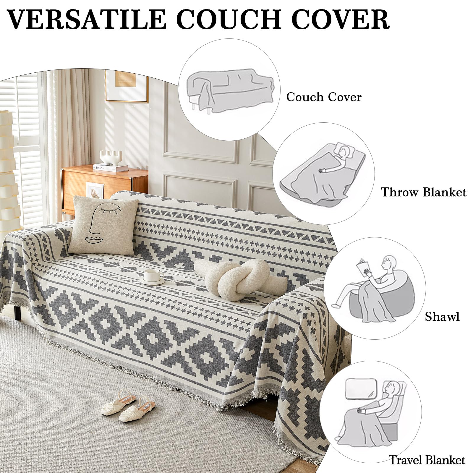 LiveGo Chenille AB Sided Sofa Cover for 3 Seater, Soft Non-Slip Slipcover with Tassel - Image 4