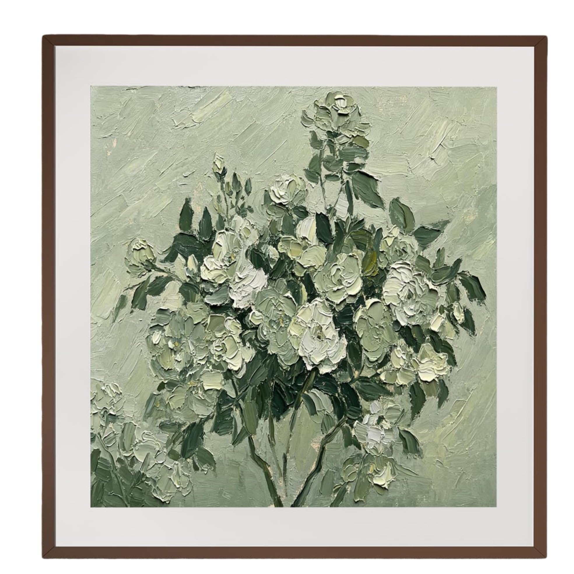 KUUFUUT Arte Contemporáneo Pintura Botánica Al Óleo con Textura Verde Salvia Rosa Blanca Y Flores Pintadas A Mano con Técnica Impasto. Decoración De Pared Botánica Floral Vintage Neutra para El Hogar