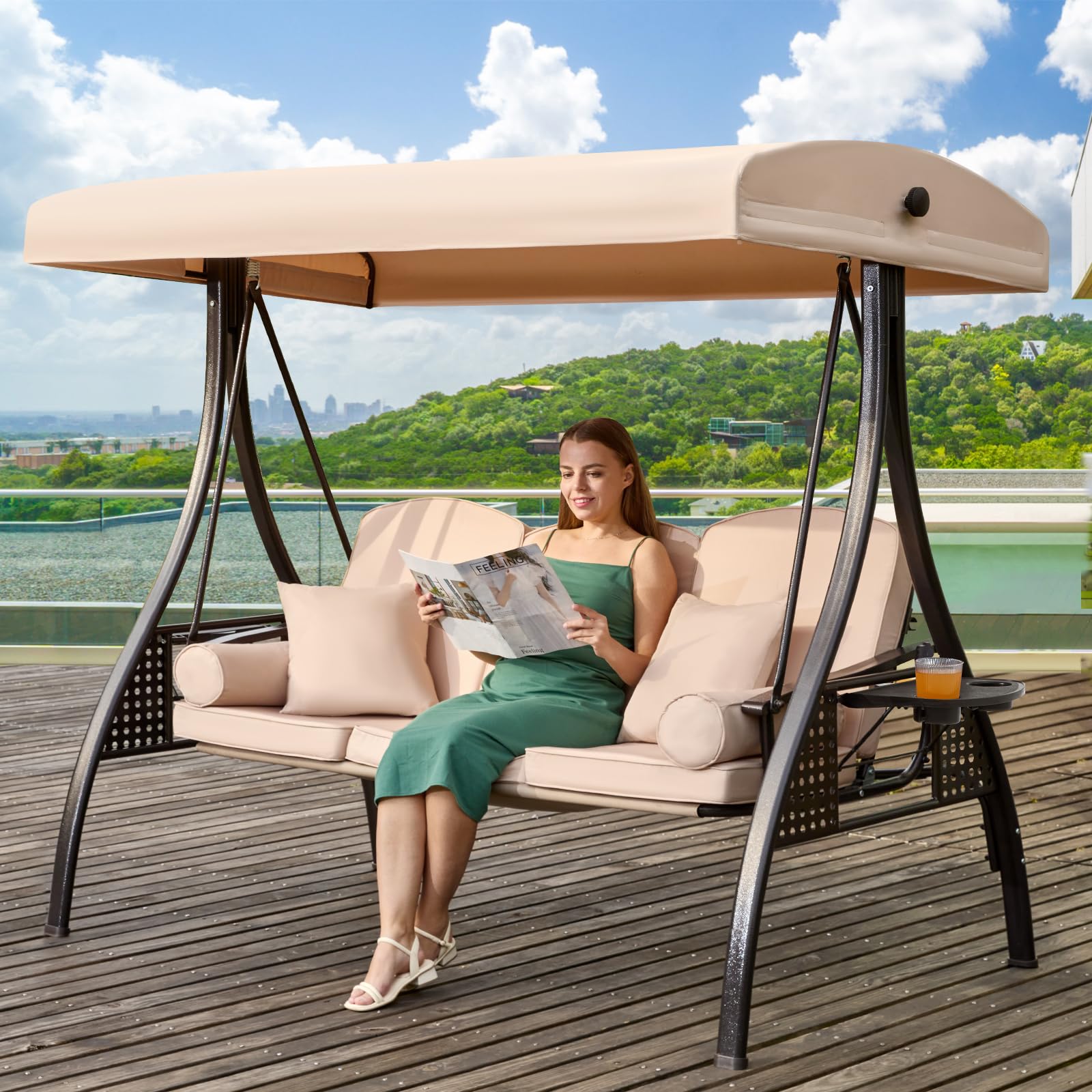 3 Seat Outdoor Swing for Adults, Patio Swing Chair with Thickened Cushions,Pillows &amp; Cup Holders for Backyard, Porch, Garden (White)