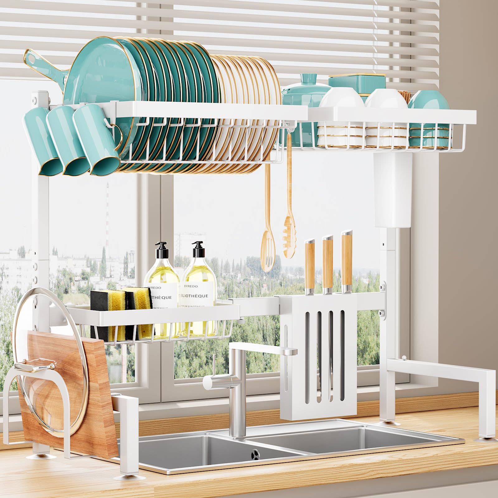 Sakugi シンク上水切りラック 食器乾燥かご 食器置き場 伸縮式【幅68〜86cm】錆びない 自動排水 多機能 包丁・まな板スタンド付き キッチン収納 ラック 組み立て簡単（ホワイト）
