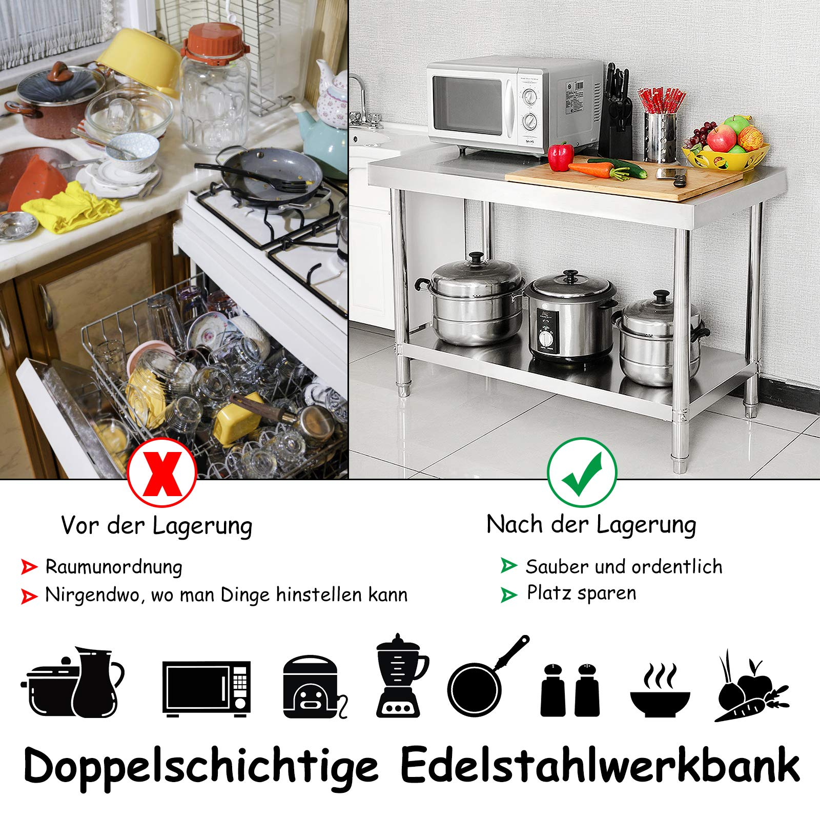 Froadp 120x60x85cm Edelstahl Arbeitstische für Lebensmittelzubereitung Küche Tisch mit Faden Verstellbare Fuß & Ablagefläche Multifunktionale Gastro Zubereitungstisch Grilltisch mit Aufkantung