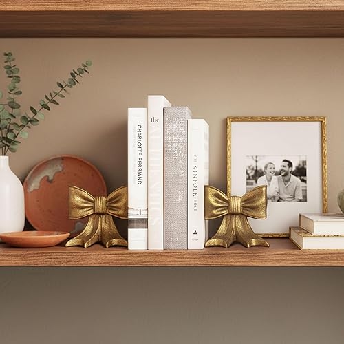 Miniatura 6 de Juego de 2 sujetalibros de metal con lazo dorado de hierro fundido resistente para libros pesados, soportes decorativos únicos y modernos para