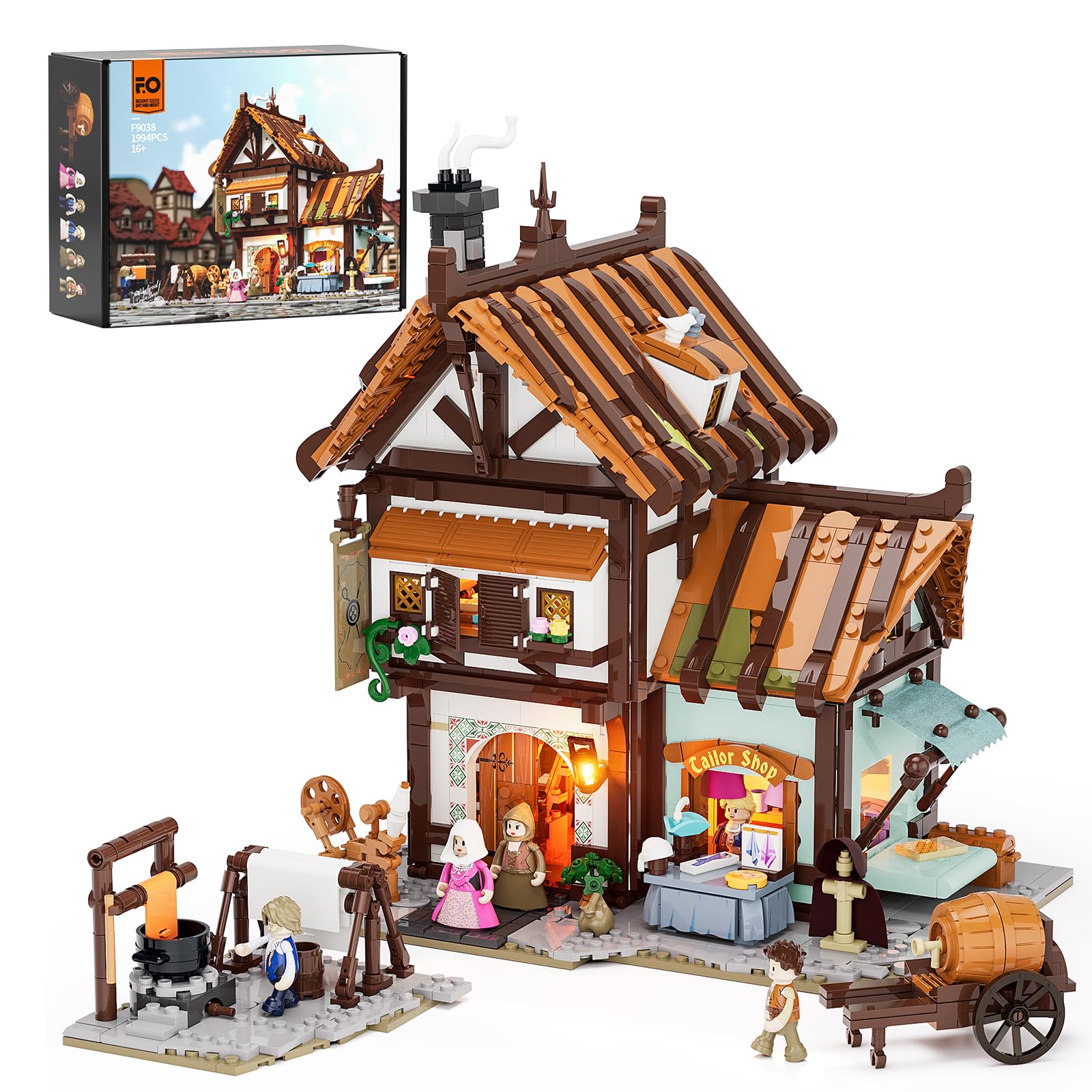 funwhole medieval tailor shop lighting building bricks set - middle ages city town tailoring studio multi-form modular collection kit 1994 pcs for adults amp teens
