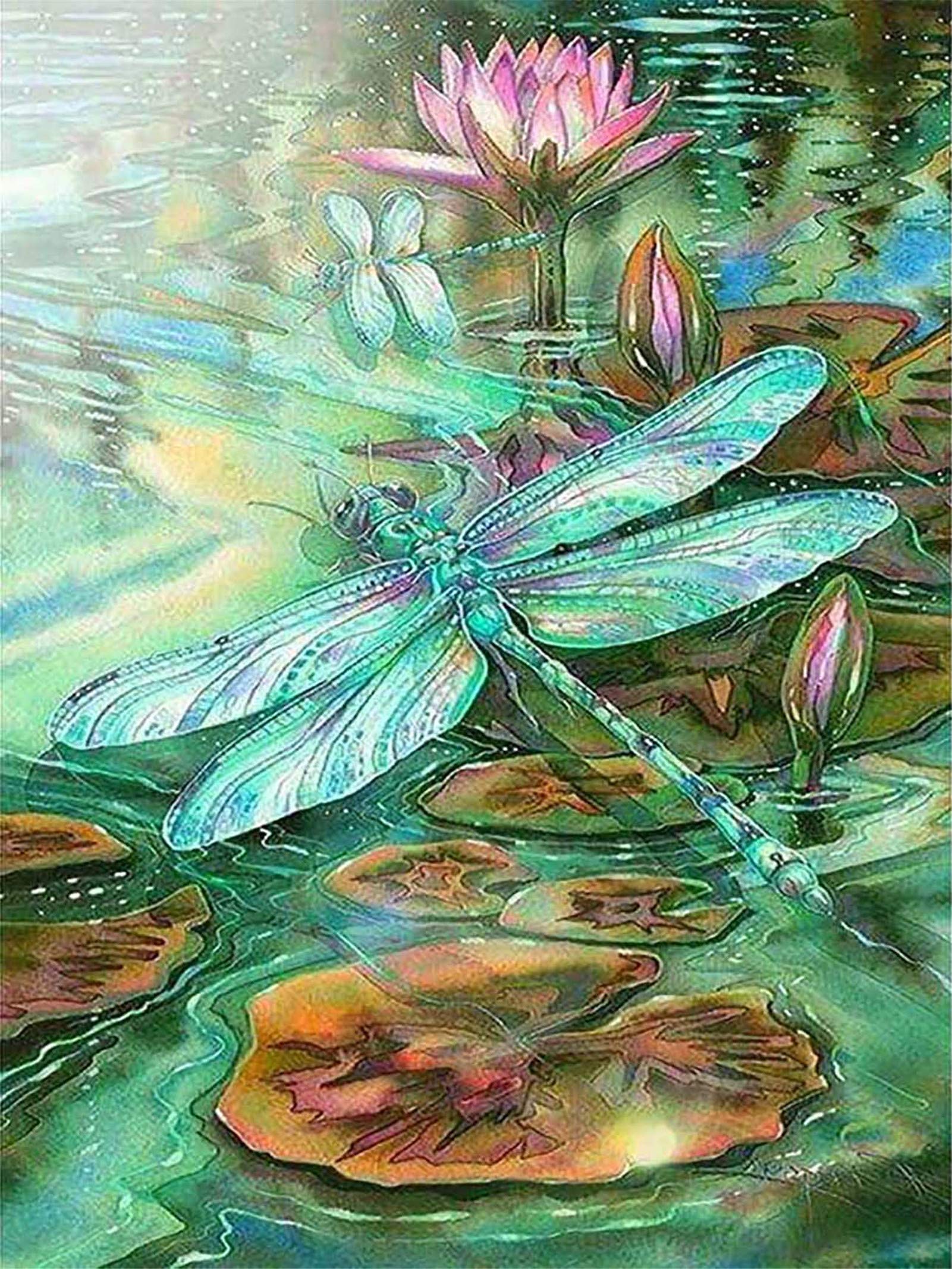 WOWDECOR 5D Diamond Painting Kits, Dragonfly Animals Lotus Flowers Full Drill DIY Diamond Art Cross Stitch Paint by Numbers
