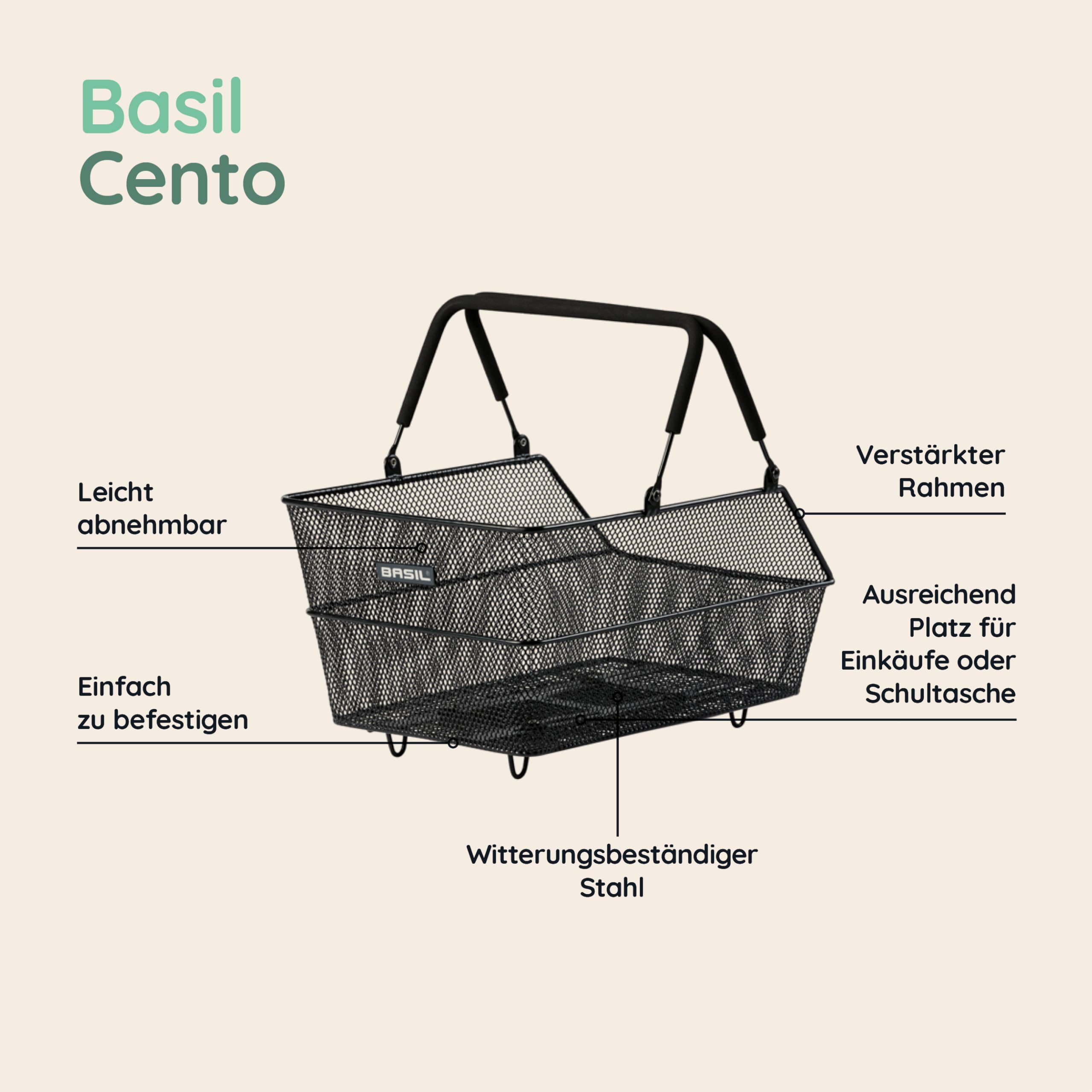 Basil Cento MIK Panier de vélo Noir – Système MIK verrouillable avec système MIK résistant aux intempéries, Robuste, Volume de 21 litres, idéal pour Le Porte-Bagages et l'utilisation Quotidienne