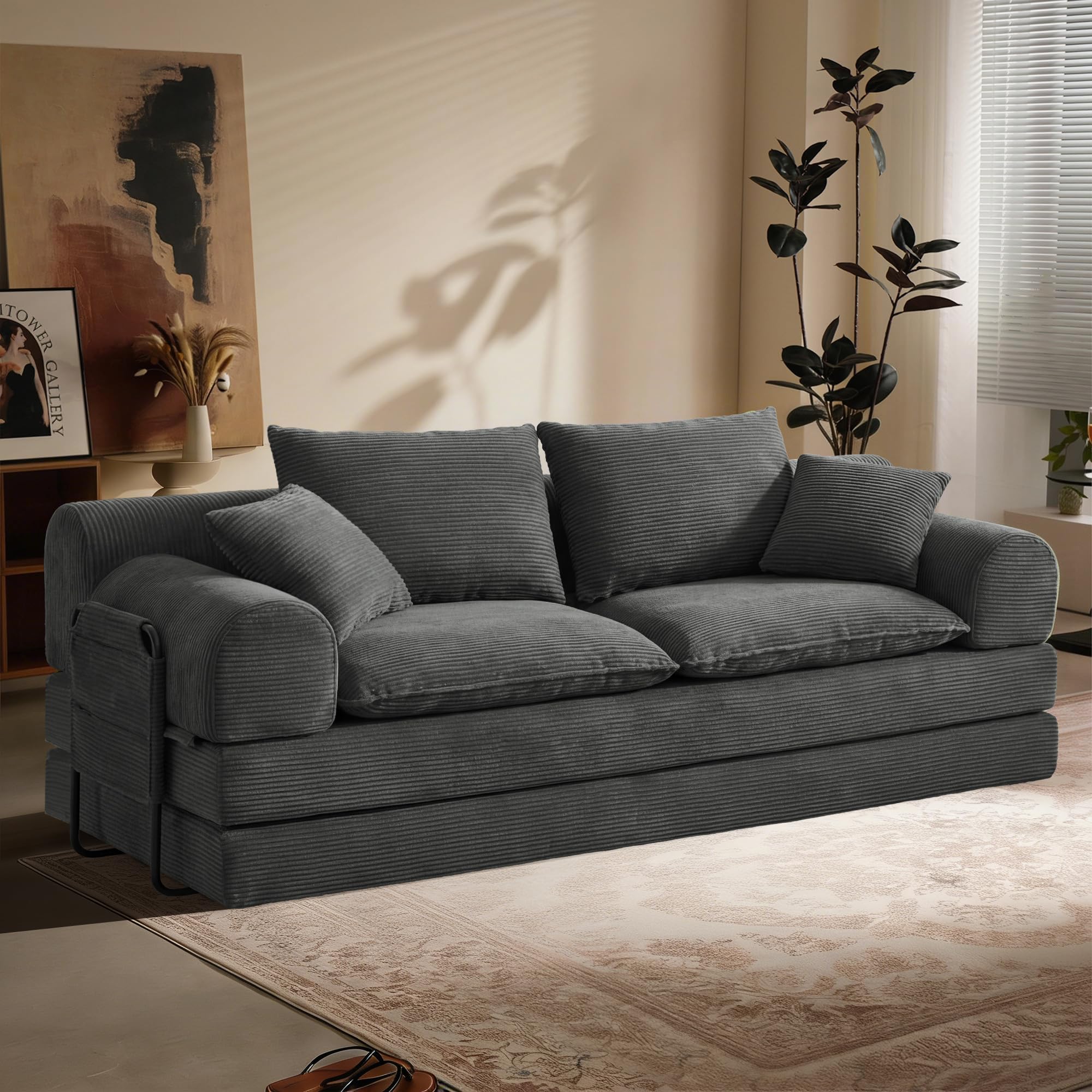 Vipbear 201x90x73cm Convertible Schlafsofa Bett, 5-in-1 klappbare Futon Couch mit Aufbewahrungstaschen, 3 Sitzer Corduroy Boden Couch Loveseat mit Ausziehbett für Wohnzimmer, Schlafzimmer, Grau