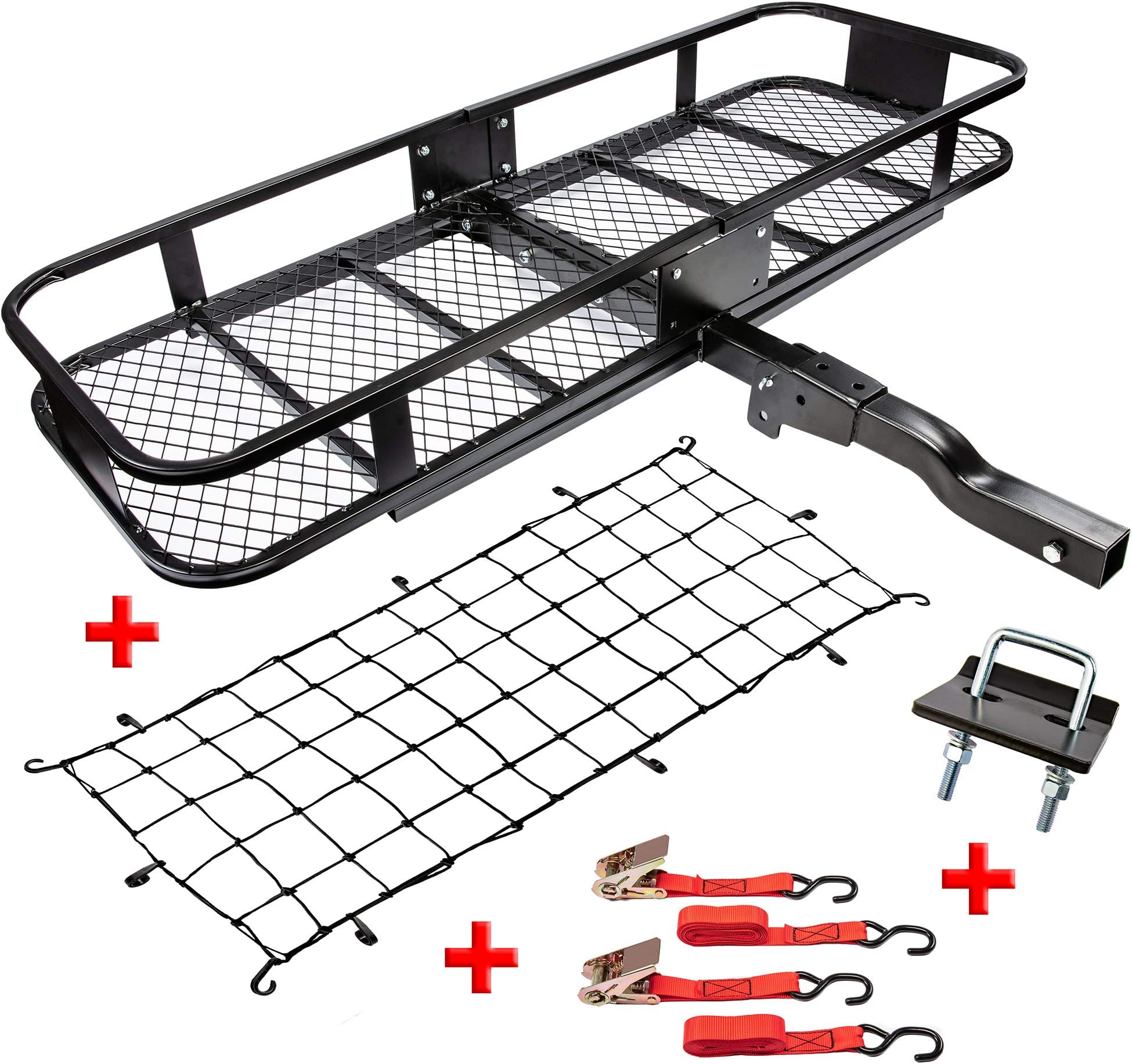 RaxGo Hitch Mount Cargo Carrier Set with 60” x 20” x 6” Steel Hitch Hauler Basket, Elastic Cargo Net with Attachment Hooks, Two Water-Resistant Ratchet Straps & Two Regular Straps [500 Pound Capacity]