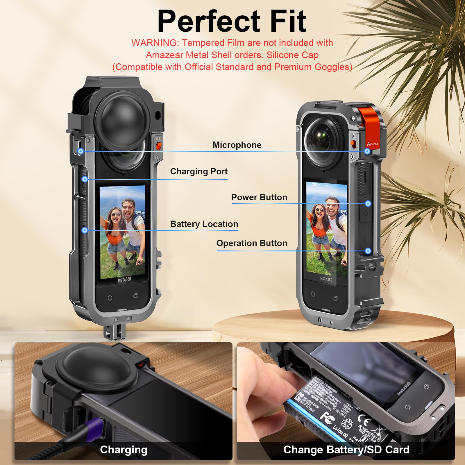 Amazear Metal Protective Case For Insta360 X4 - Quick-Release Aluminum Cage With Silicone Lens Caps