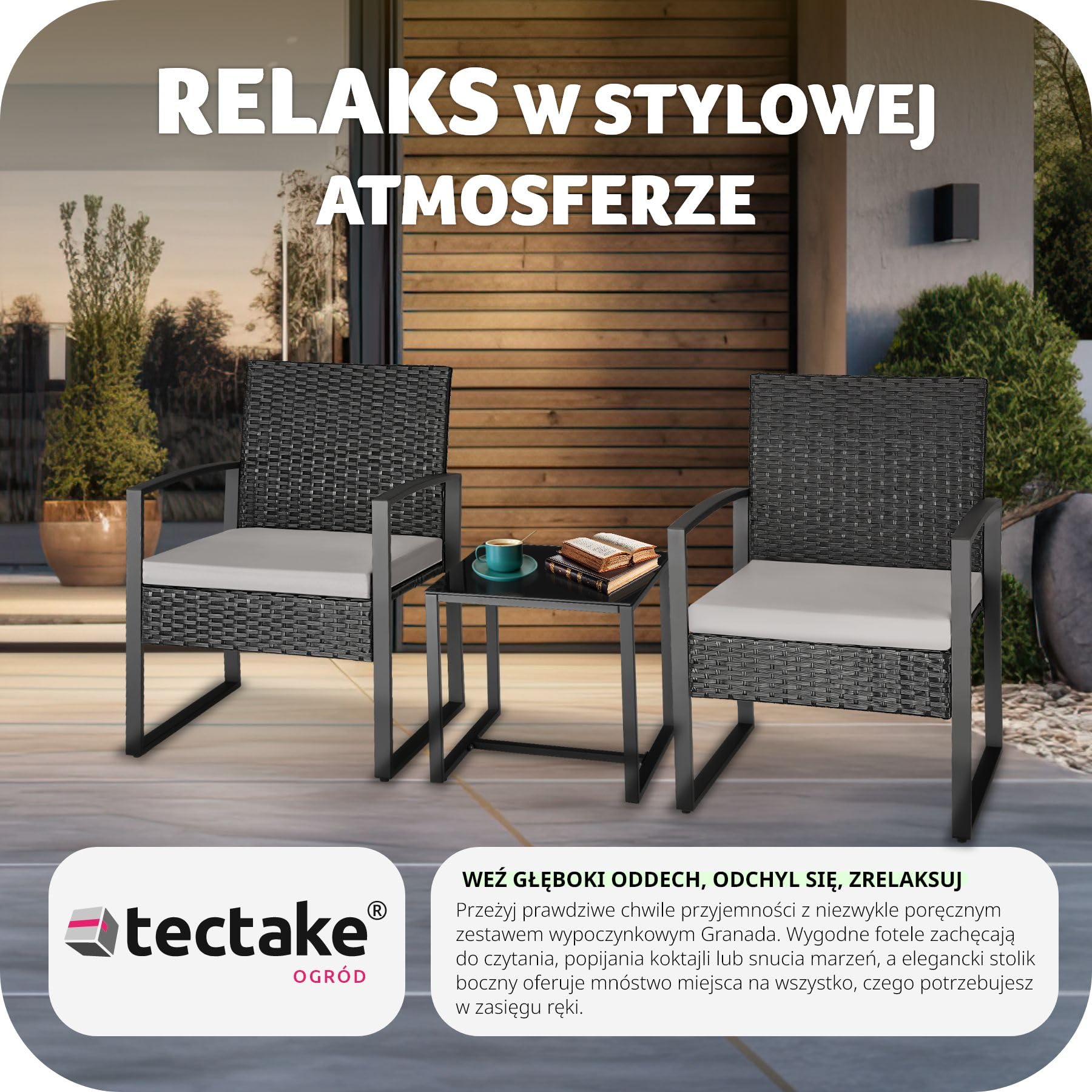 tectake® Rattanowy Zestaw Wypoczynkowy Granada ze Stolikiem dla 2 Osób, UV Odporny Polirattan, Wodoodporne Pokrowce, Stolik ze Szkłem, Regulowane Nóżki, Łatwy Montaż