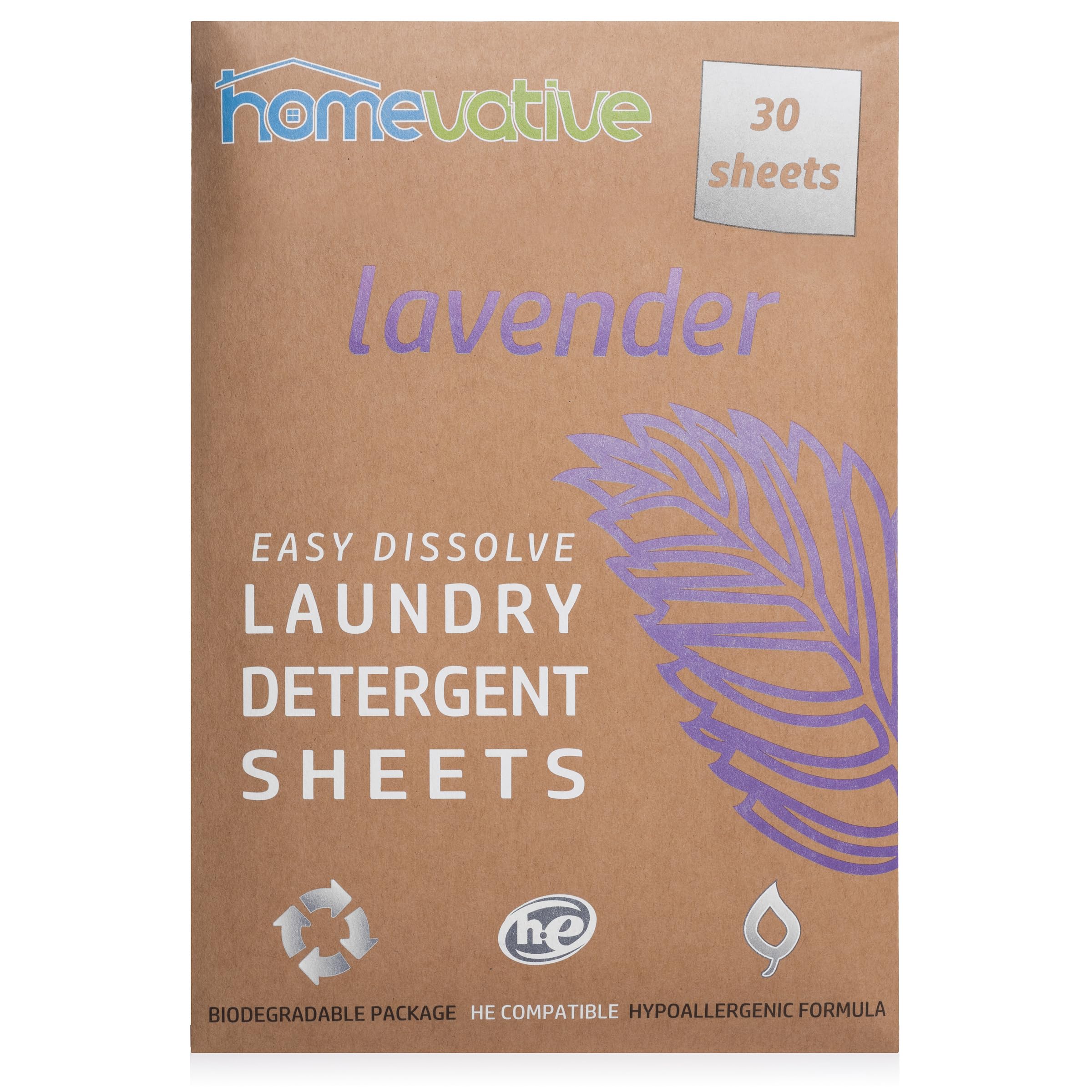 Homevative Laundry Detergent Sheets, 30 Sheets, Up to 60 Loads, Easy Dissolve, Lavender, Eco package, HE Compatible, Septic friendly, Great for travel