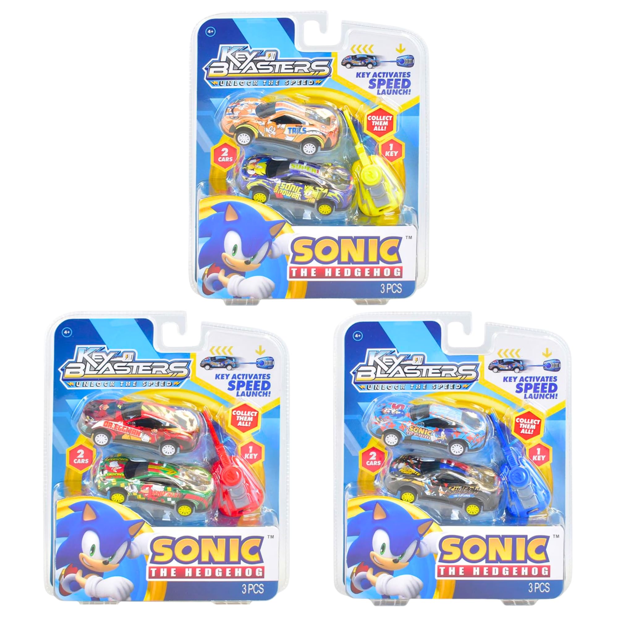 Sonic the Hedgehog Character Car Launcher Blaster Twin Packs Complete Set of All 3, Sonic, Super Sonic, Tails, Shadow