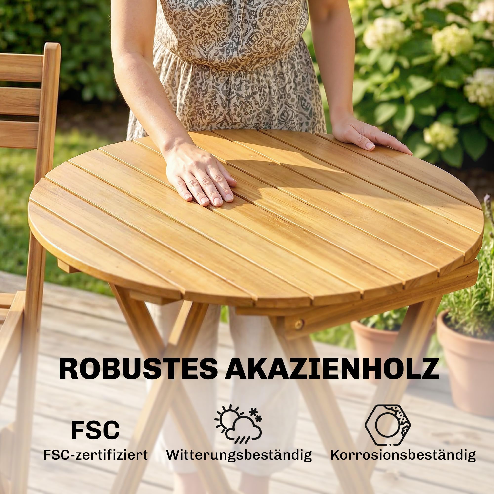 Outsunny Balkonmöbel Set 3 teilig FSC Akazienholz klappbar Gartenmöbel Set mit runder Tisch 2 Stühle Sitzkissen Atmungsaktiv Lamellsitz, Balcony Furniture Sitzgruppe für Garten Balkon Naturholz