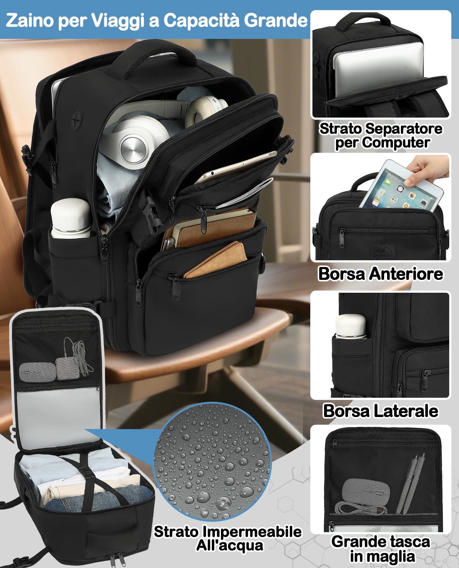 LYNXCHER Zaino Ryanair 40x20x25 da Viaggio Aereo Bagaglio a Mano 20L per Uomo e Donna Borsa da Cabina 14 Pollici Porta PC Nero