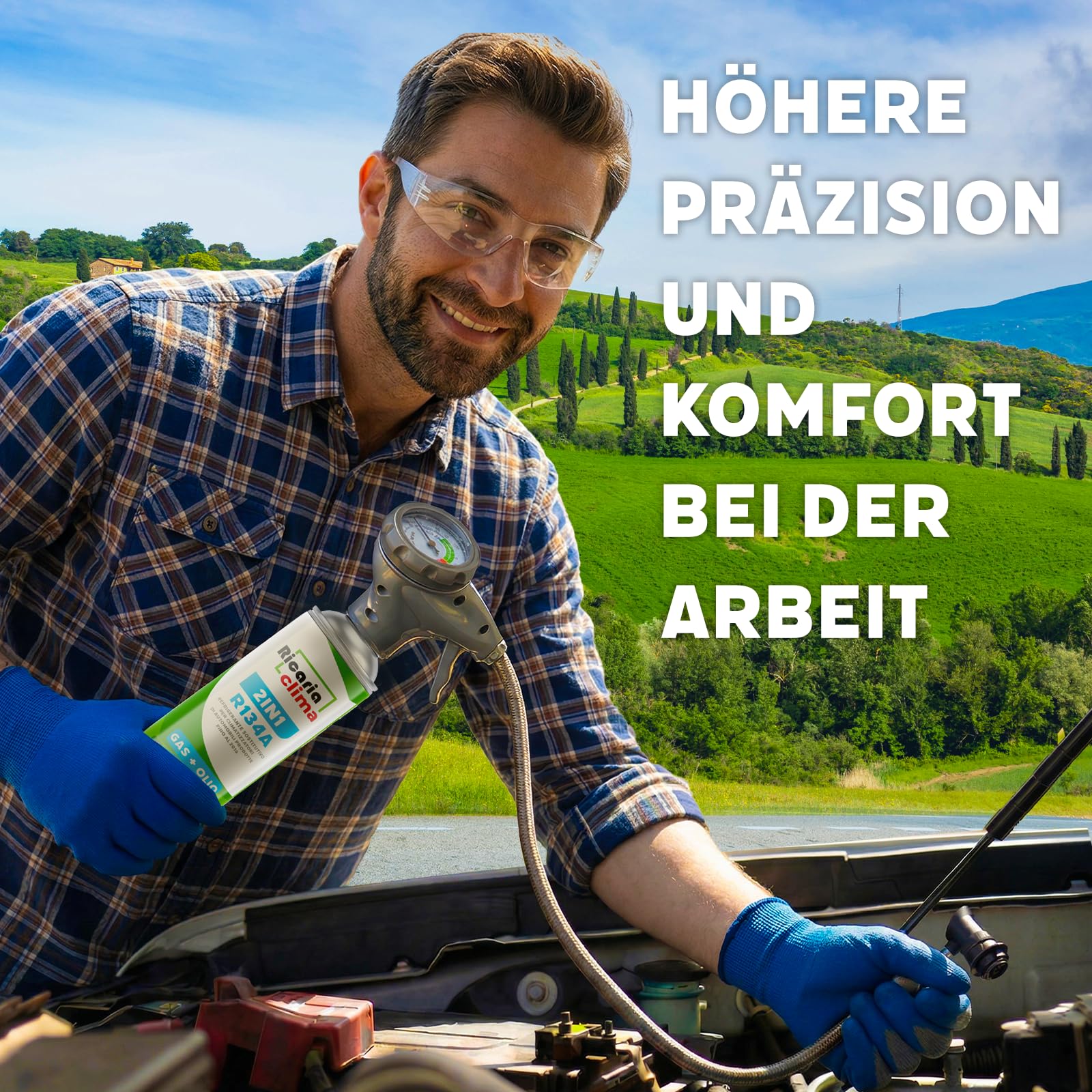 3in1 R134a Kältemittel Ersatzgas + Schlauch – Kühlmittel Klima Auto mit Klima Dichtmittel und Öl – Gasflasche 2x235 g – Auto Klimaanlage Nachfüllset – Klimaanlage Wohnmobil – ECO