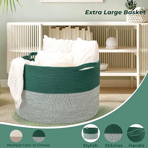 Miniatura 3 de Cesta de almacenamiento extragrande de 83 litros verde para manta en sala de estar, cesta de lavandería gigante, cesta de juguetes para bebé con