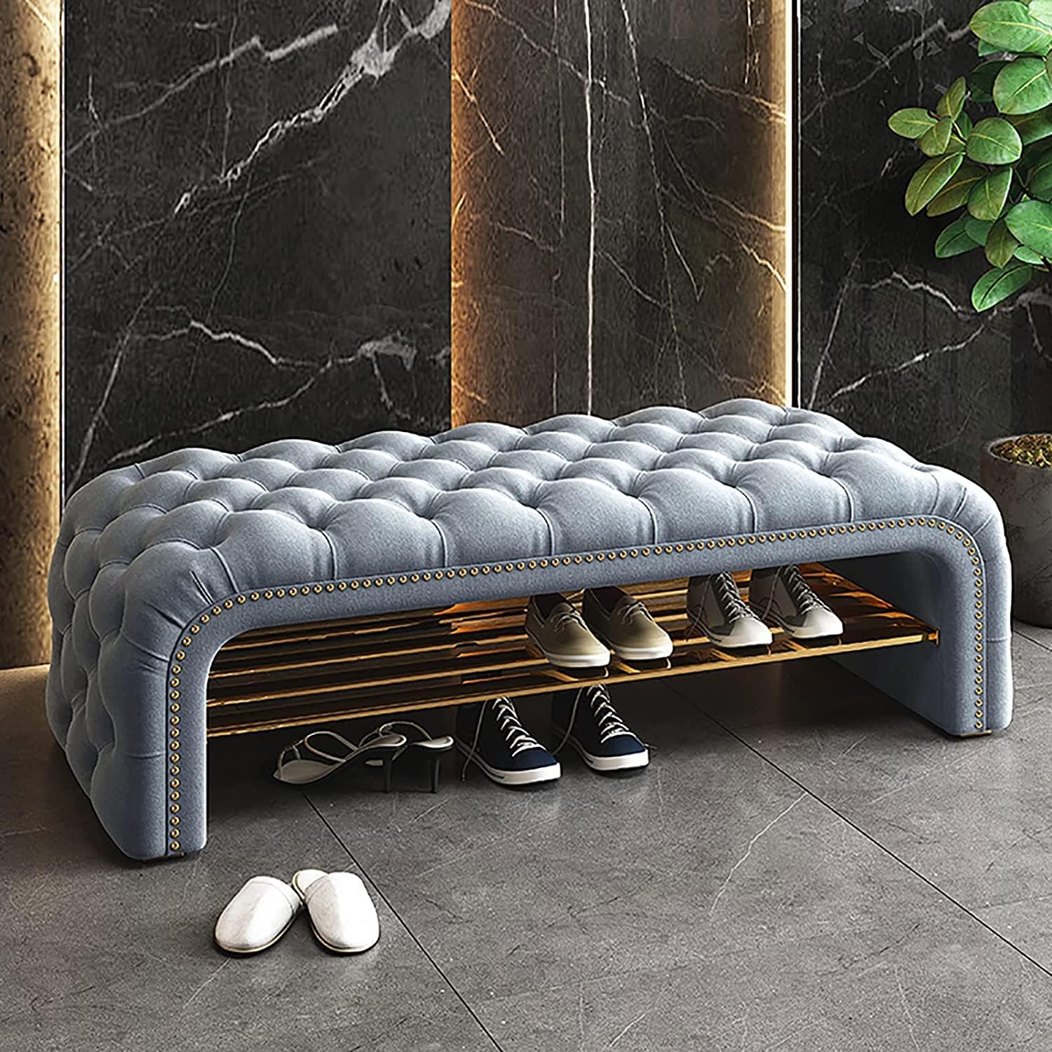 Modern Velvet Upholstered Entryway Bench with Button Tufted Design Shoe