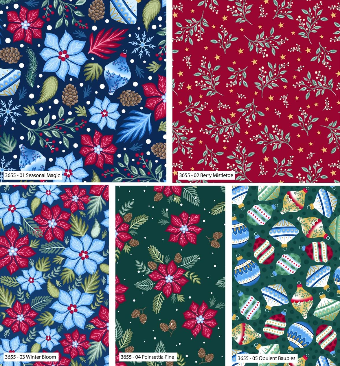 The Craft Cotton Jewelled Christmas By Craft Cotton Co. 100% Cotton 45X55cm Wide 5Pcs Christmas Fat Quarter Bundle For Sewing, Quilting, Dressmaking, Patchwork