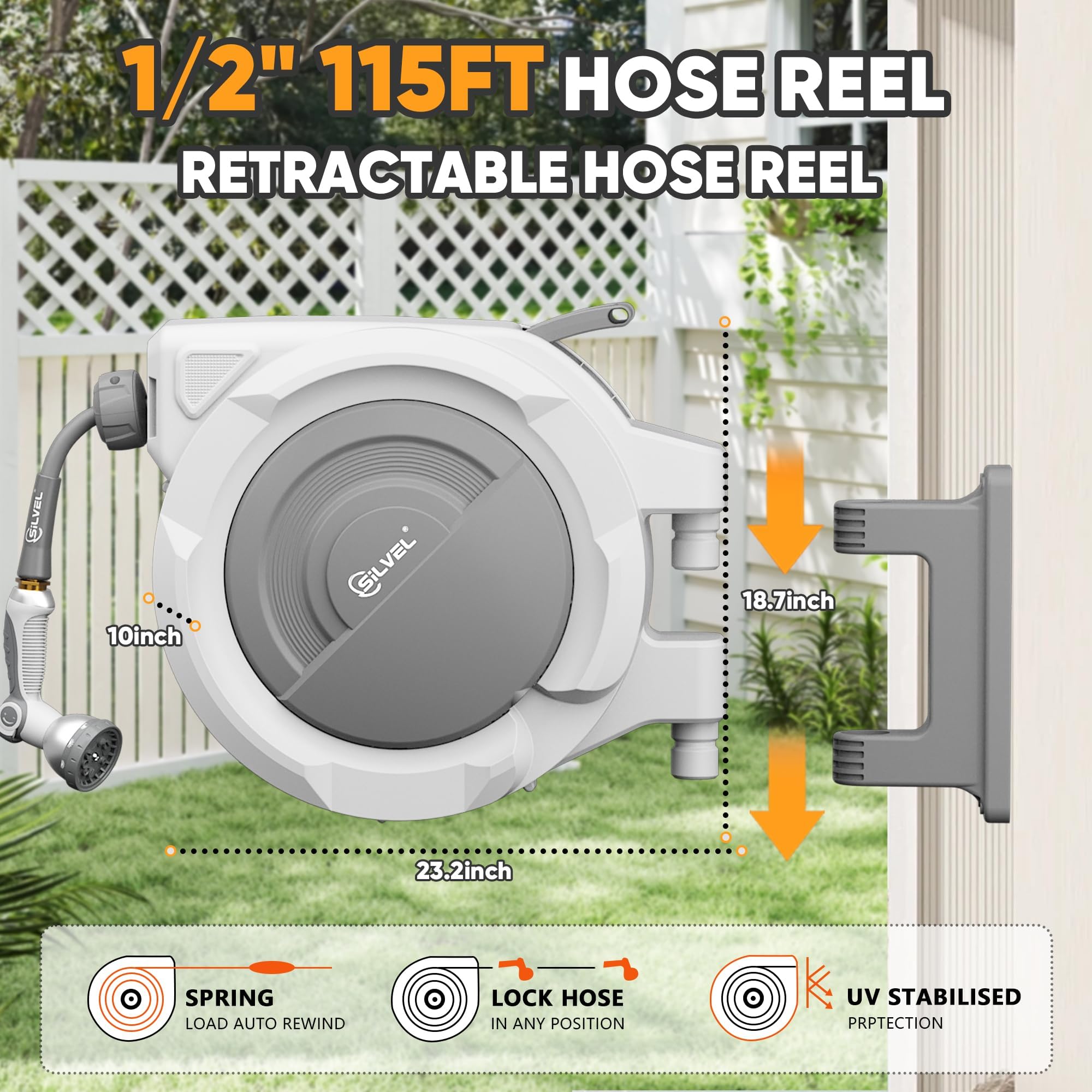 SILVEL Carrete retráctil para manguera de jardín, 1/2 pulgada x 110 pies, carrete de manguera automático resistente con boquilla de 10 patrones, bloqueo de cualquier longitud y sistema de retorno