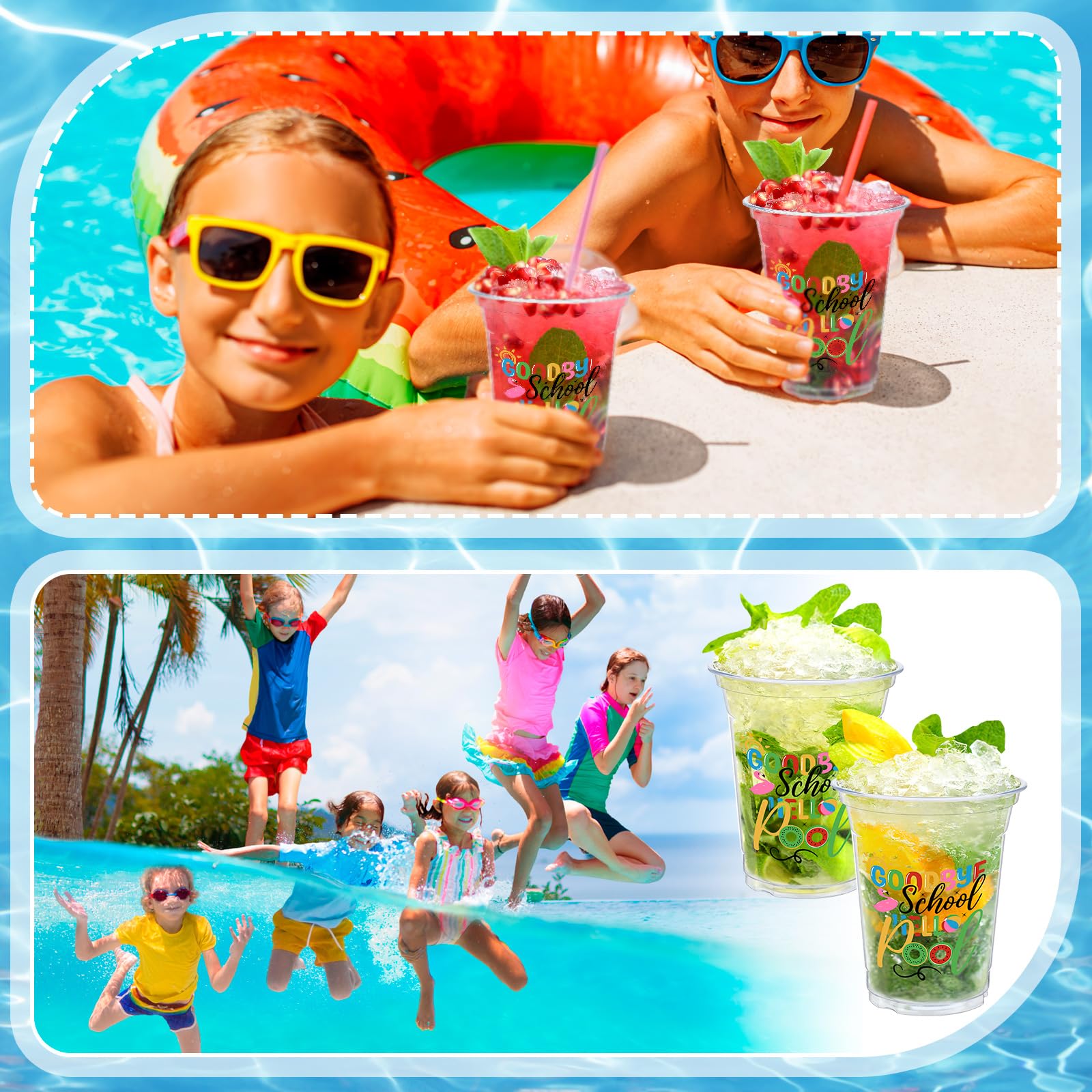 Qinyoung 50 Pcs Goodbye School Hello Pool Clear Disposable Plastic Cups Drinking Cup Summer Party Supplies Cocktail Pool Party Favors for Goodie End of School Year Summer Vacation