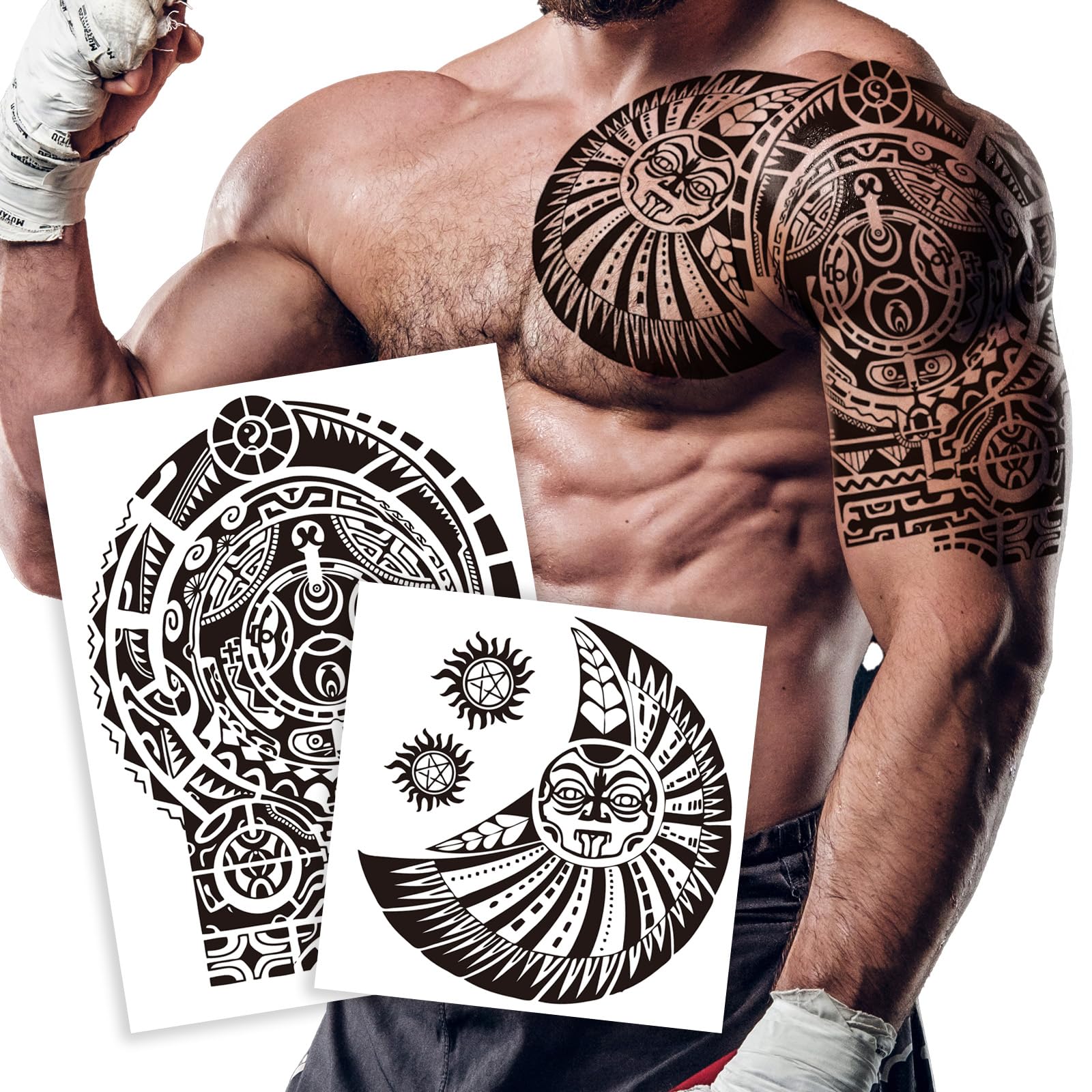 2-Sheet Large Tribal Tattoos - Waterproof Chest & Arm Body Art Temporary Tattoos for Men & Women - Fake Tattoo Stickers