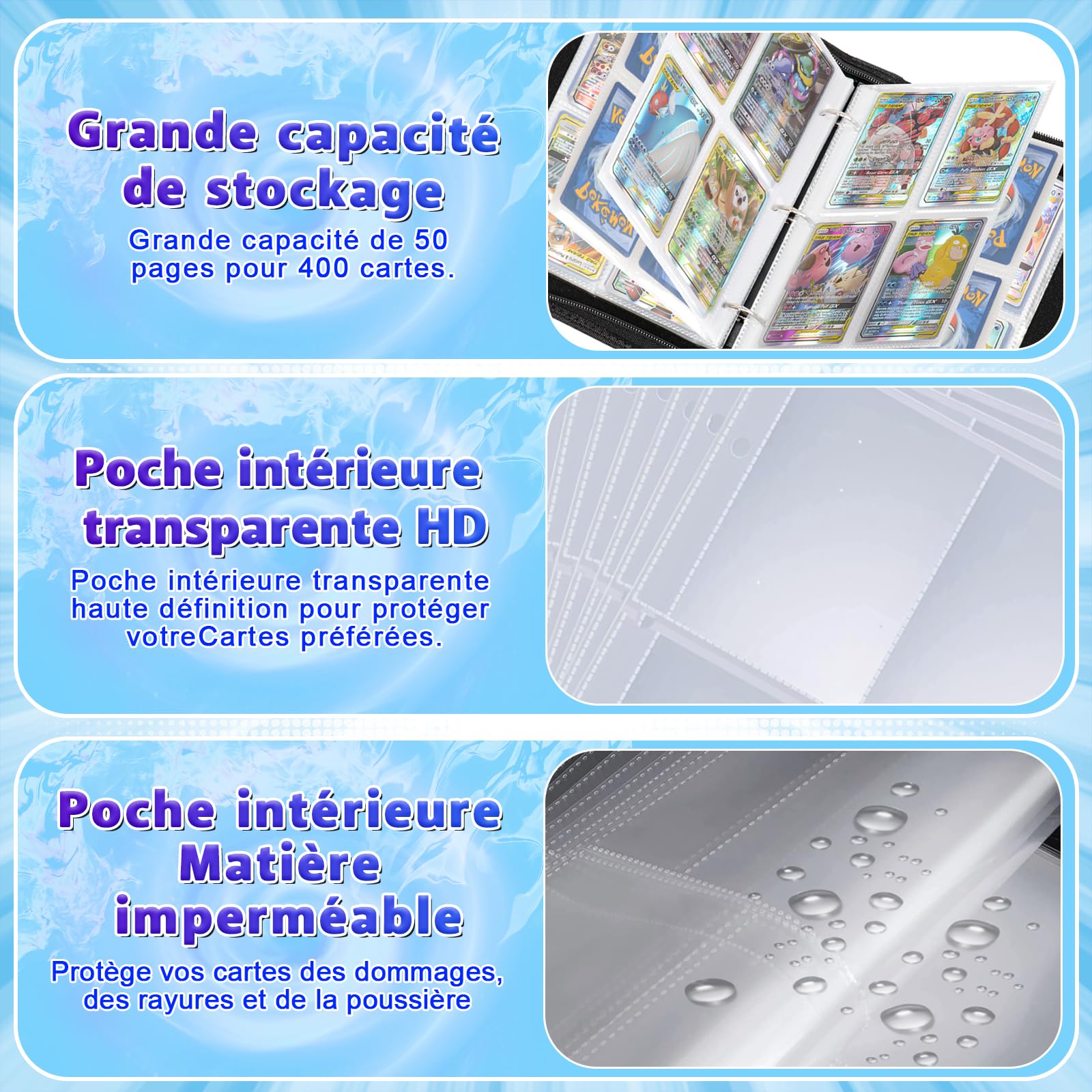 Classeur Carte,Capacité de 50 pages de 400 Cartes,Porte Cartes en cuir Portable Imperméable Fermeture éclair,Organissateur de Cartes, un cadeau les garçons et les filles - SR400 - 4