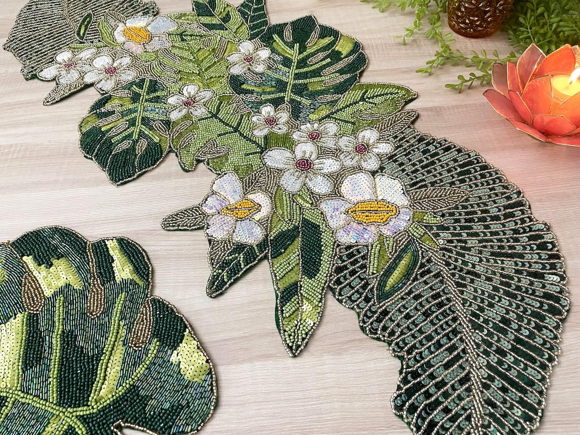 Enliven Chemin de table fait à la main, motif fleurs et feuilles printanières, 33 x 91,4 cm