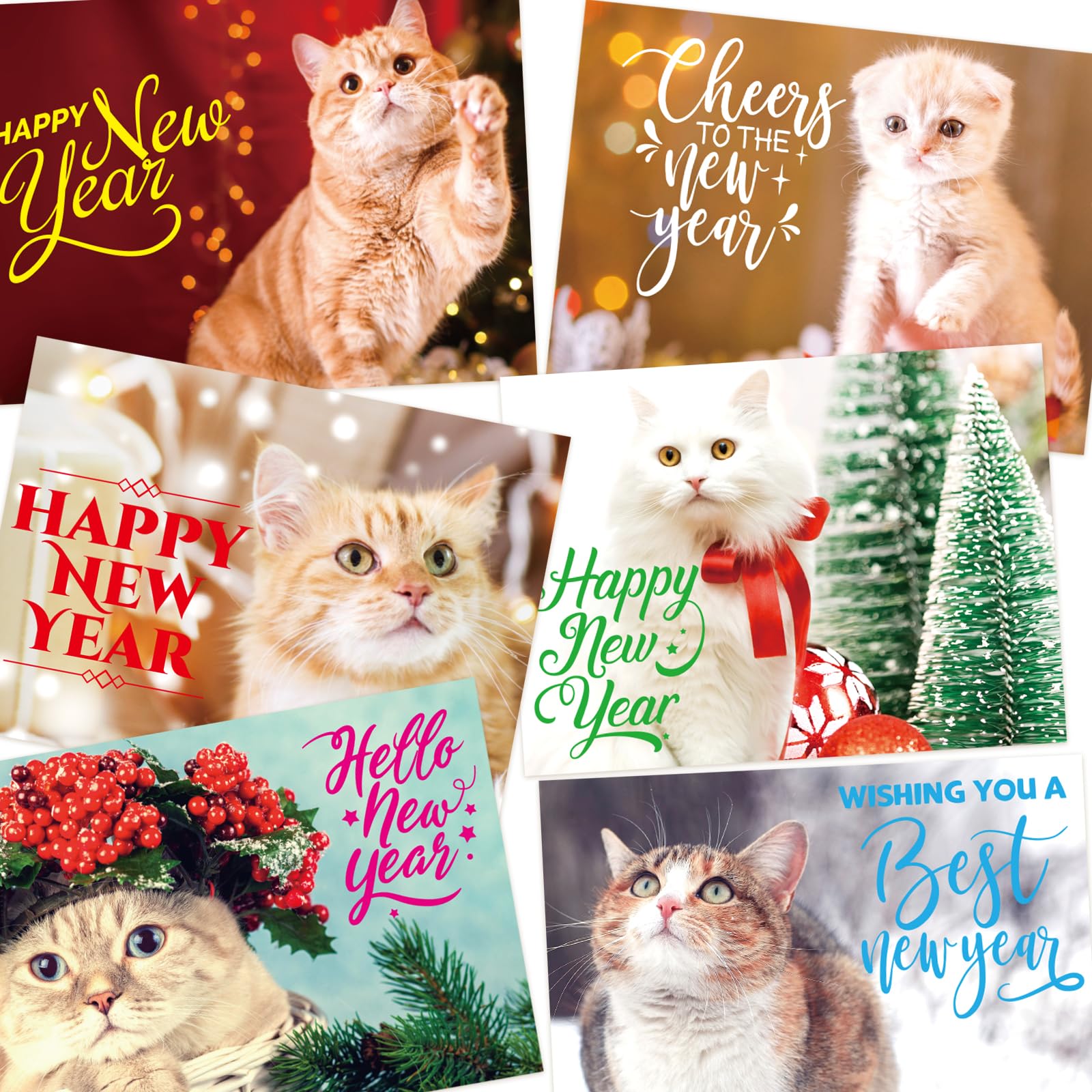 FANCY LAND Happy New Year Cards with Envelopes Kitten Holiday Greeting Cards 24Pcs