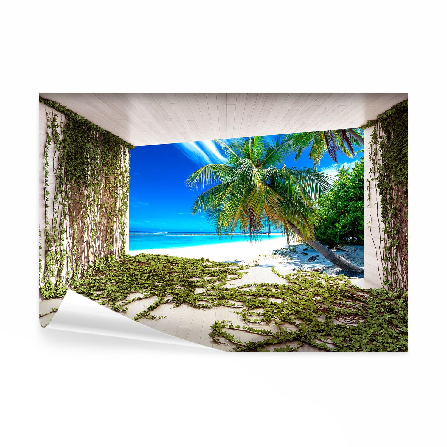 decomonkey Fotomural autoadhesivo Playa Mar Efecto 3D Palmeras 343x256 cm