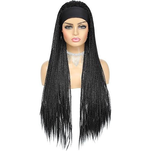 Hair Headband Box Braids Wig for Women Long Braided Synthetic Wig Stylish and Versatile Jumbo Box Braided Wig (M1B/30) (1B)