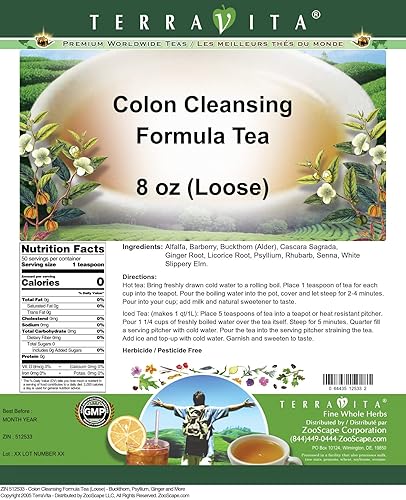 Miniatura 2 de TERRAVITA Té de fórmula limpiadora de colon (suelto) - Espino amarillo, psyllium, jengibre y más (8 oz, ZIN 512533) - Paquete de 2