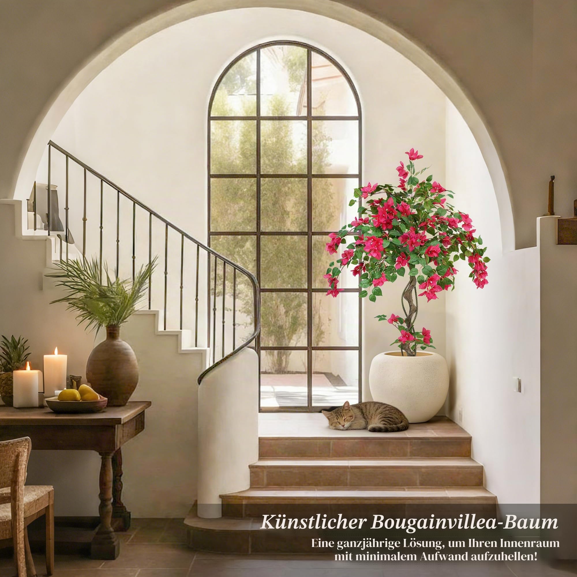 Kunstpflanze wie echt Künstlicher Bougainvillea Baum im Topf 140cm | Künstliche Pflanzen Groß mit Blüten, UV-beständige PE Blätter, Kunstbaum Wetterfest für Wohnzimmer Eingang Flur Balkon Garten