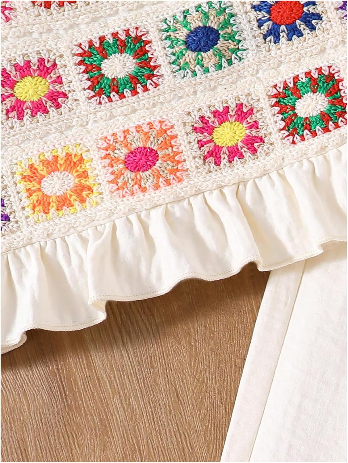 WDIRARA Girl's 2 Piece Outfits Boho Floral Crochet Ruffled Sleeveless Cami Top and Wide Leg Pants - Image 4