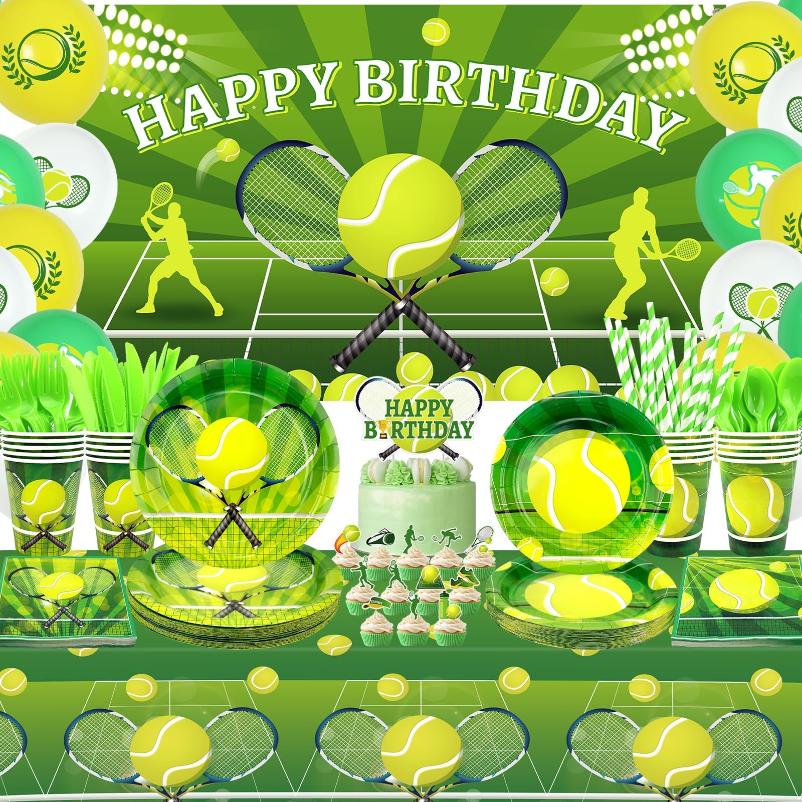 Tennis Birthday Party Decorations - Tennis Party Supplies including Backdrop, Plate, Cake Topper, Cup, Napkin, Balloon, Tablecloth - Serves 20