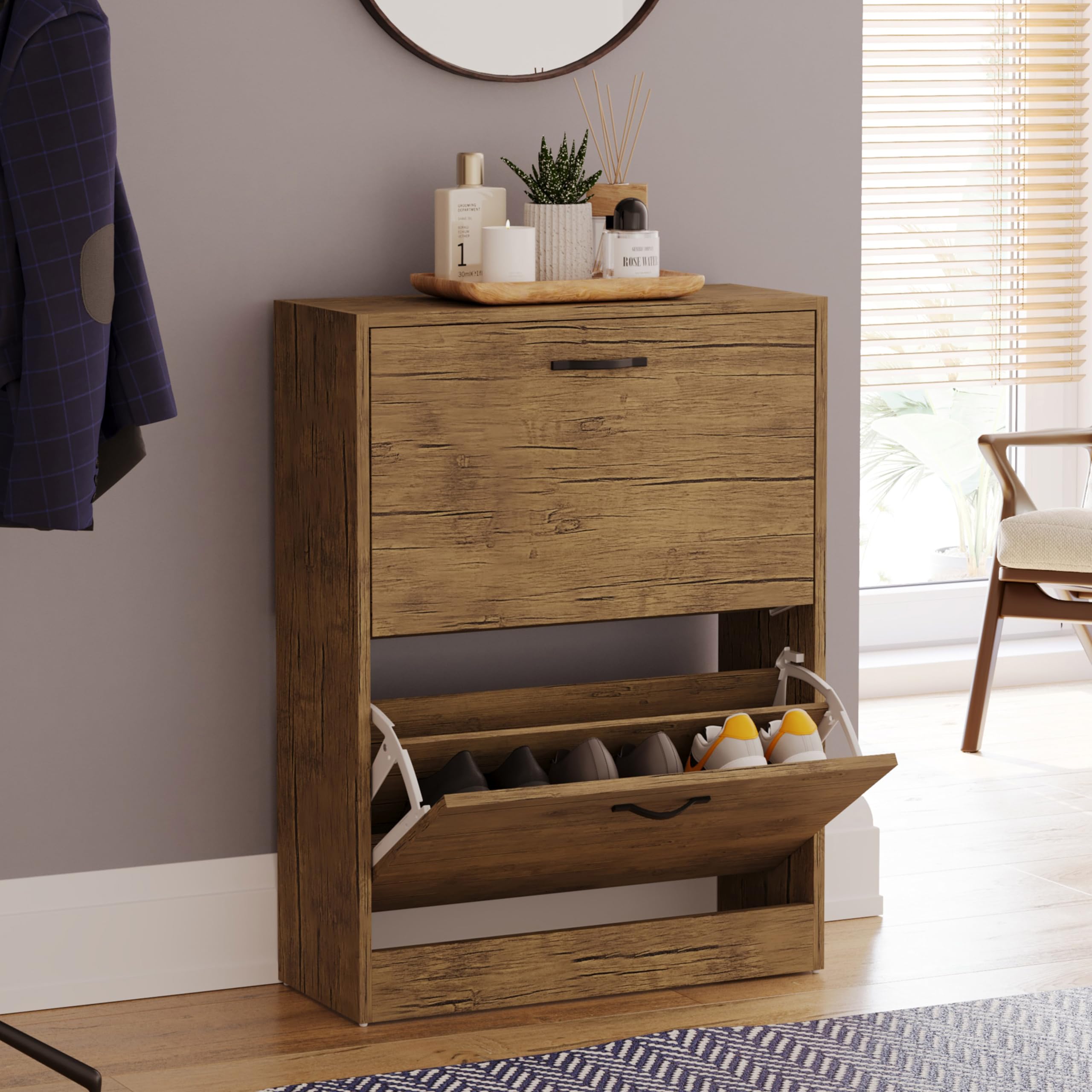 Vida Designs Shoe Cabinet, Wooden Shoe Storage Unit with 2 Pull-Down Drawers, Multifunctional Dust-Proof Space-Saving Slim Design Cupboard for Hallway or Entryway (Antique Brown)