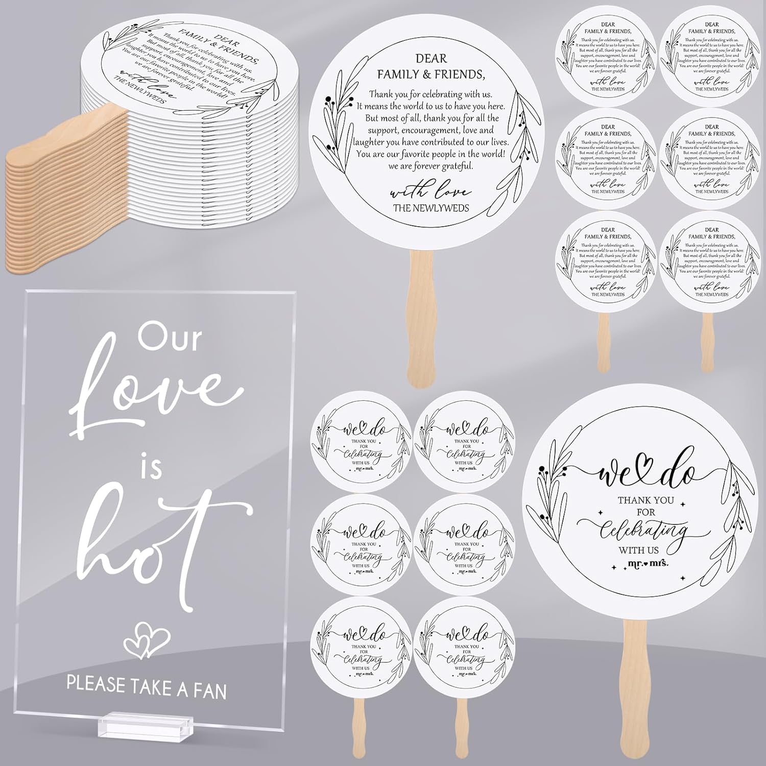 Fumete 51 Pcs Wedding Fans for Guests Including Acrylic Love is Hot Table Sign 50 Wedding Handheld Paper Fans with Wood Handles for Wedding Guests Bridal Shower Favor Party Supplies Leaf