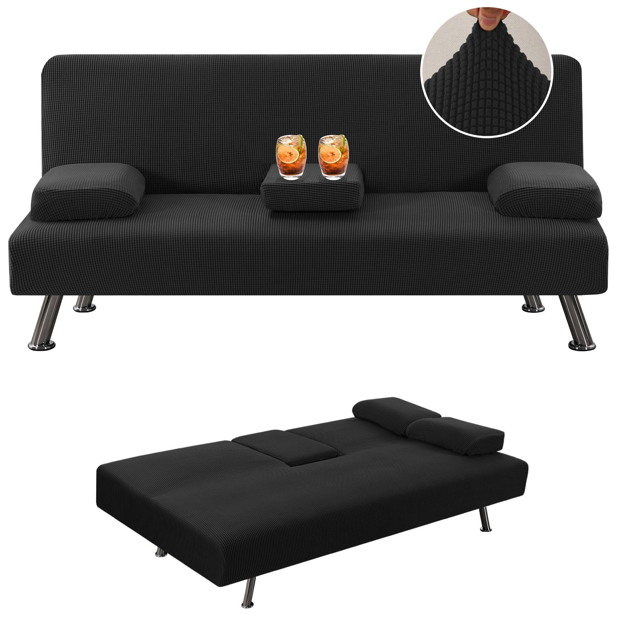 jianyana 4 Pieces Stretch Covers Sofa Bed Slipcover with Removable Armrests and Cupholders Covers, Click Clack Sofa Bed Cover（Black）