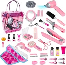deAO Beauty Salon Set for Girls 35 Pieces Fashion Simulation Hairdresser Game with Hair Dryer, Mirror, Curling Iron and Other Accessories Simulated Makeup Kit for Child