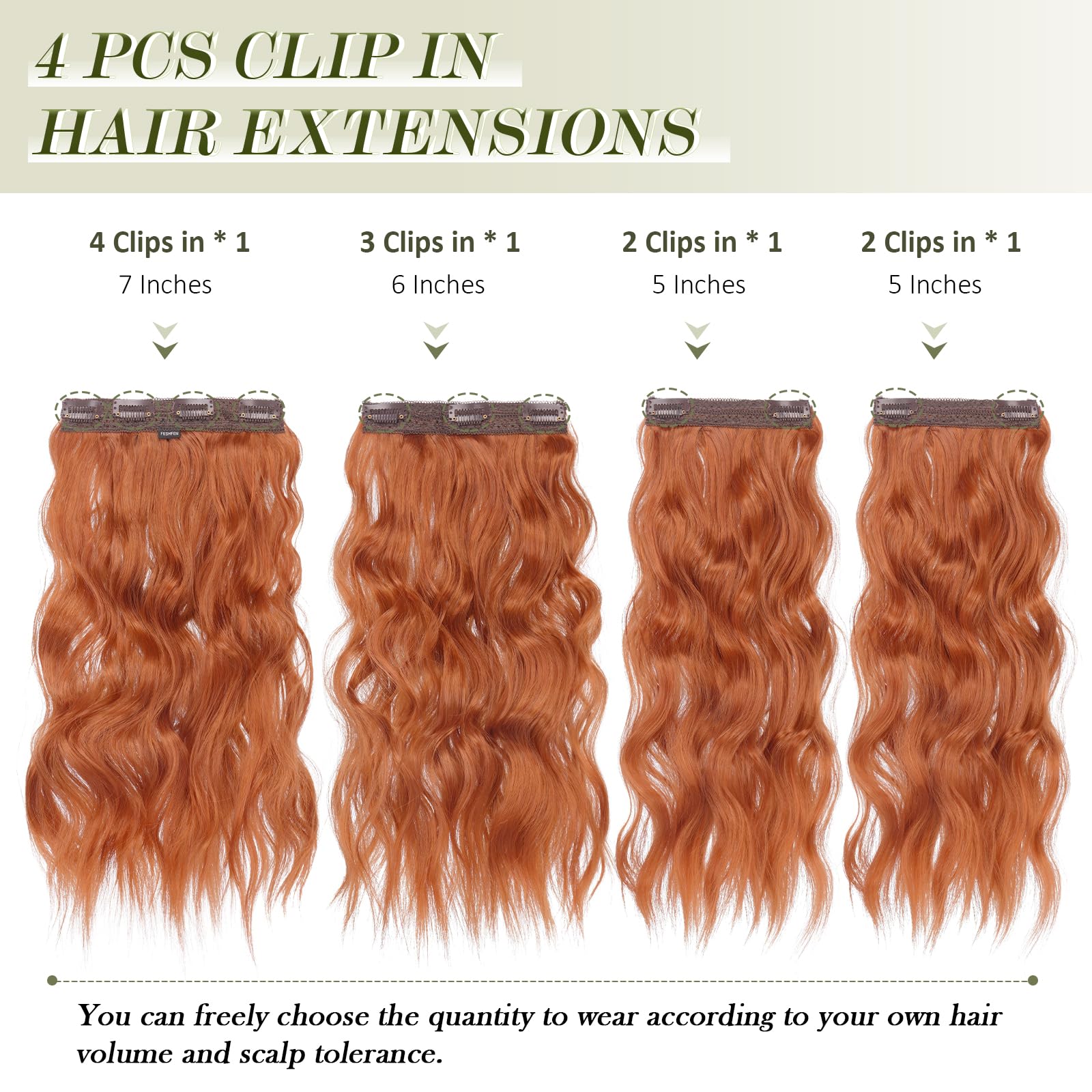 FESHFEN Clip in Hair Extensions 4PCs Long Wavy Thick Hair Piece Highlighted Full Head Synthetic Natural Curly Copper Red Extension for Women 16 Inch - Image 2