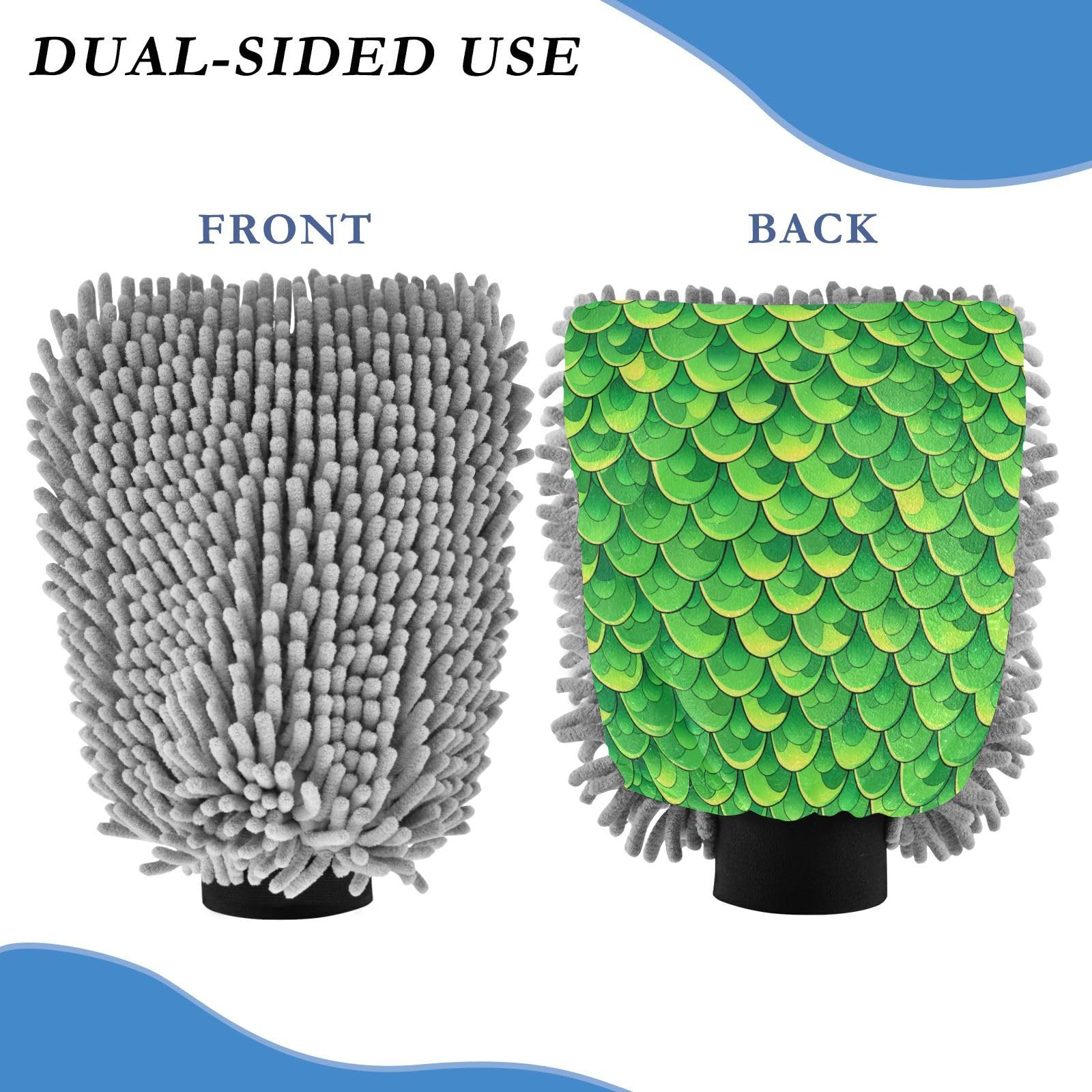 STAYTOP Beautiful Green Mermaid Scales Car Wash Mitt Microfiber, 2Pcs Scratch Free Lint-Free, Premium Chenille Microfiber Mitt Car Wash Brush-L