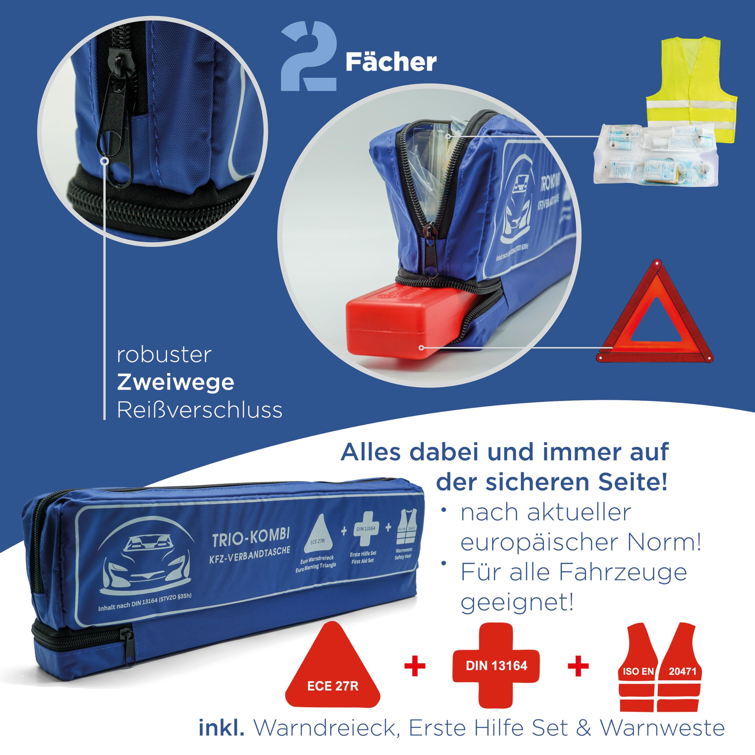 VZL Kit di pronto soccorso auto 2026 approvato TÜV, con triangolo di avvertimento e giubbotti di sicurezza auto – kit di pronto soccorso auto 2026 (blu)
