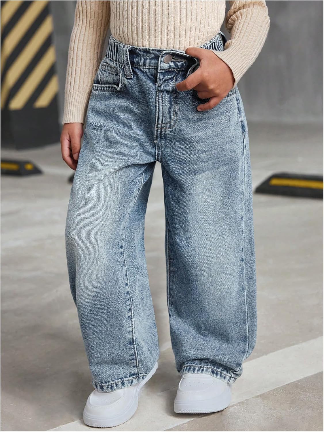 GORGLITTER Girl's Baggy Jeans Adjustable Elastic Waist Straight Wide Leg Denim Pants Trendy Streetwear Trousers