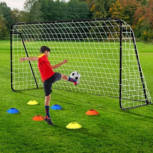 Miniatura 13 de NAIZEA Porterías de fútbol – 24x8/21x7/18x7/12x6/16x7/10x6/8x6/6x4 pies para patio trasero – Portería de fútbol de metal para jóvenes adultos –