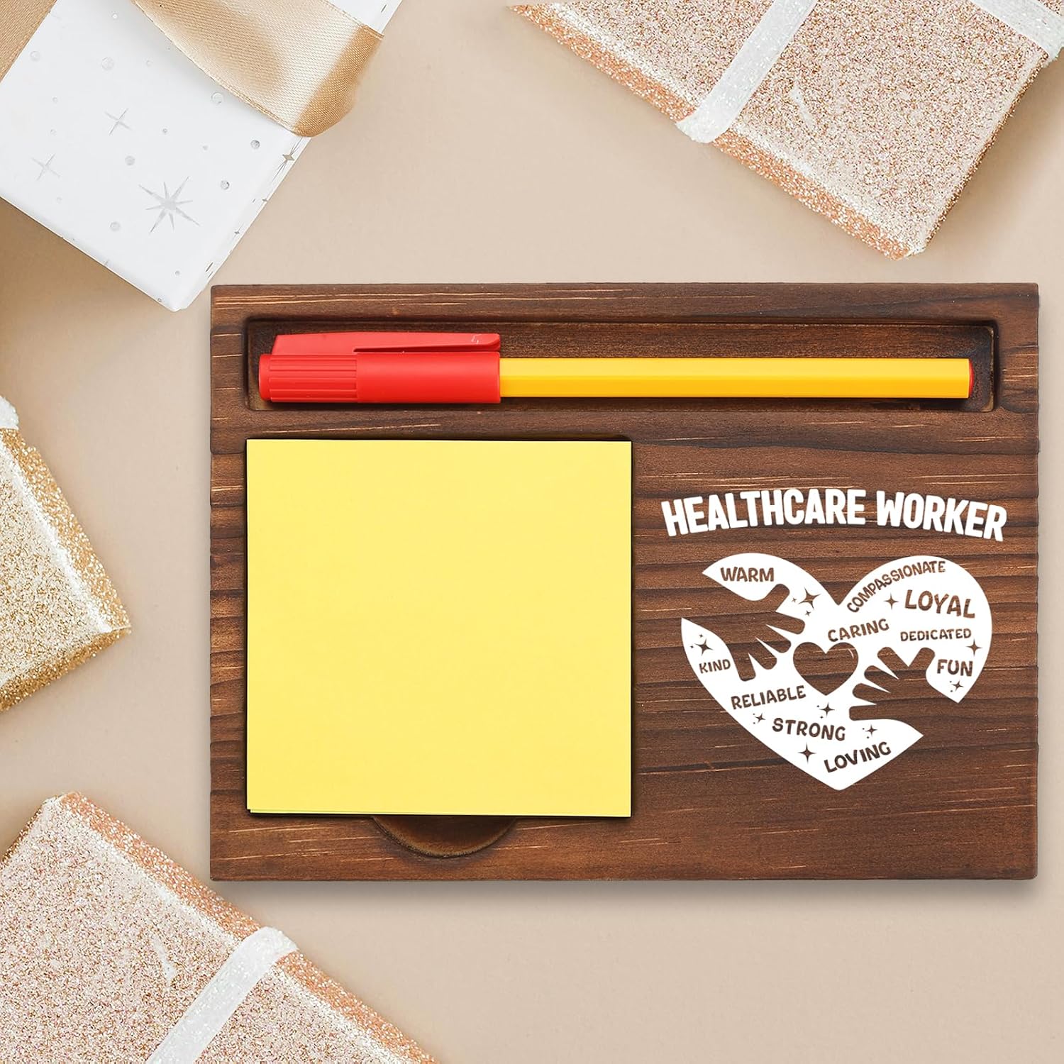 Healthcare Worker Thank You Appreciation Gifts, Going Away Retirement Birthday New Job Congratulations Encouragement Gift for Healthcare Worker, Wooden Office Self-Stick Note Pad Holders TBC42